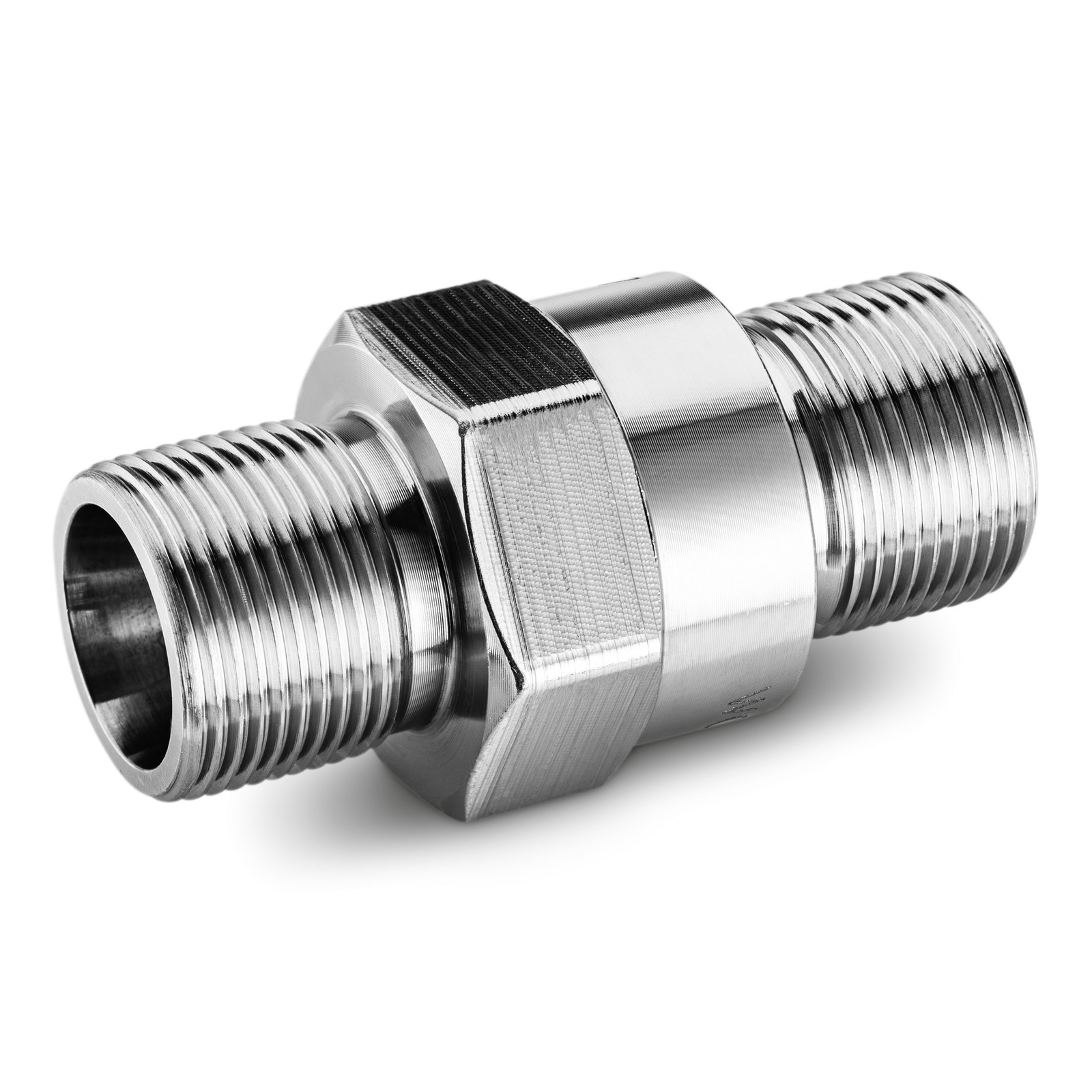 Stainless steel pipe fitting with threaded ends, hexagonal centre section, isolated on white background. Stainless steel pipe fitting with threaded ends, hexagonal centre section, isolated on white background.
