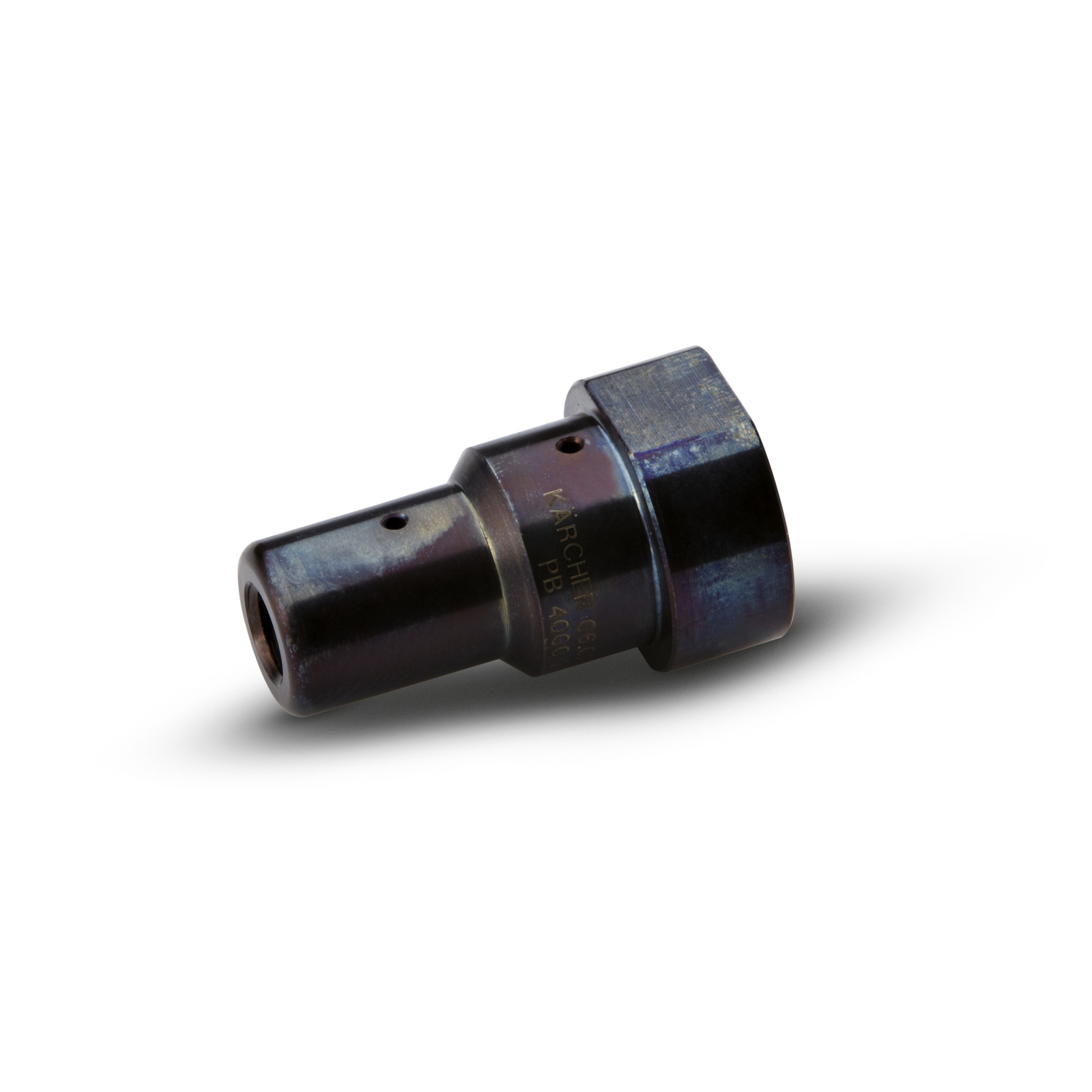 Kärcher metal nozzle with engraved text, featuring a cylindrical shape and a hexagonal end, placed on a white background.