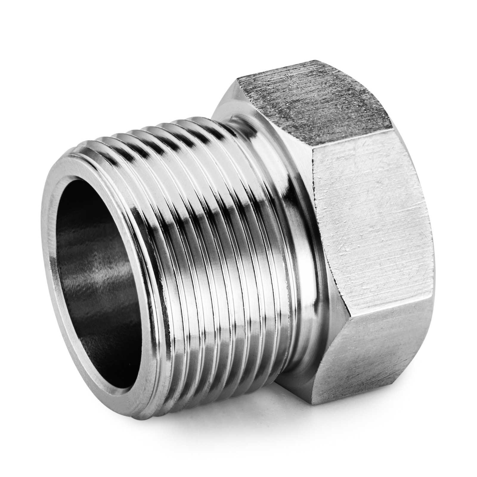 Silver metal threaded pipe fitting with hexagonal end, shown on a white background.