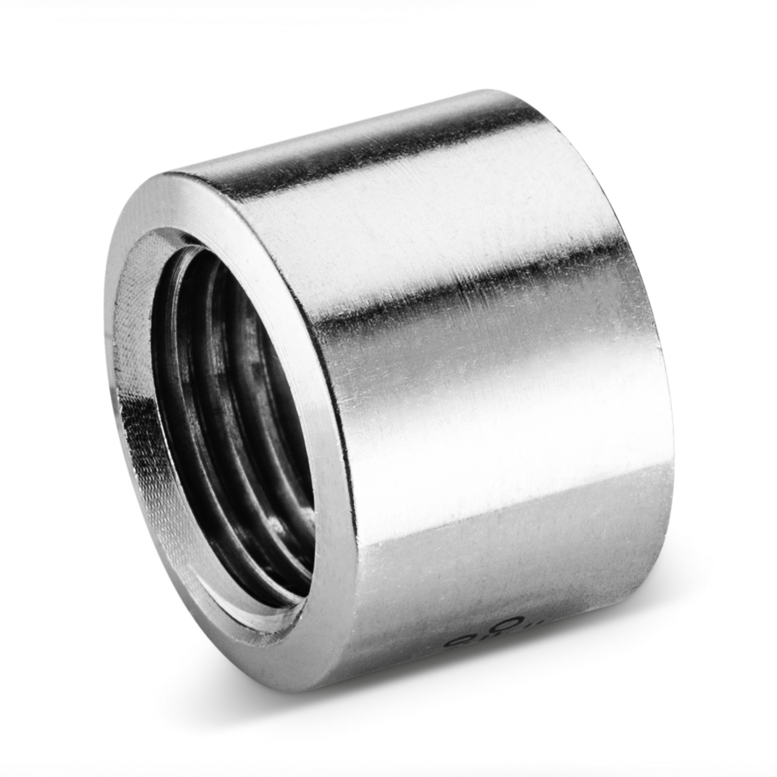 Metal coupling nut with a smooth cylindrical shape and threaded interior, shown on a white background. Metal coupling nut with a smooth cylindrical shape and threaded interior, shown on a white background.