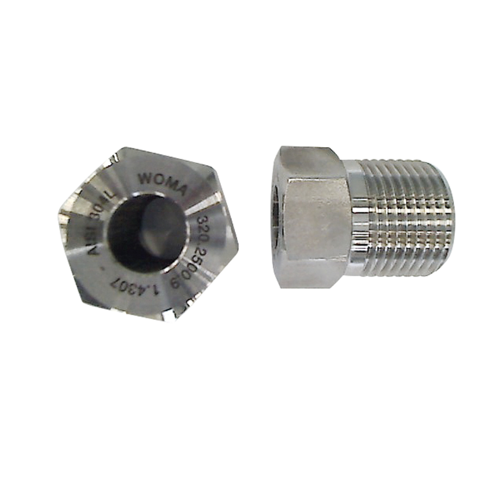 Two metal nozzles, one with engraved text and a hexagonal shape, the other cylindrical with threaded end.
