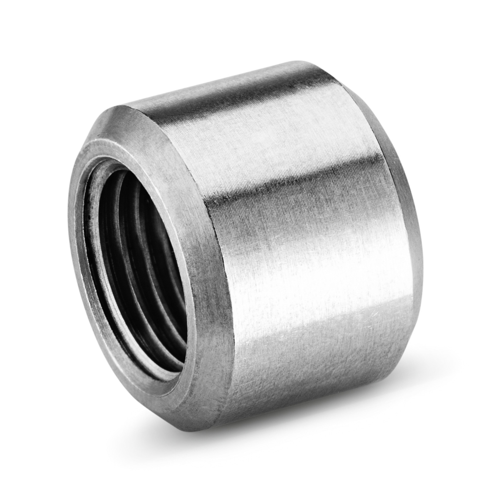 Metal coupling nut with a threaded interior, angled view, isolated on a white background. Metal coupling nut with a threaded interior, angled view, isolated on a white background.