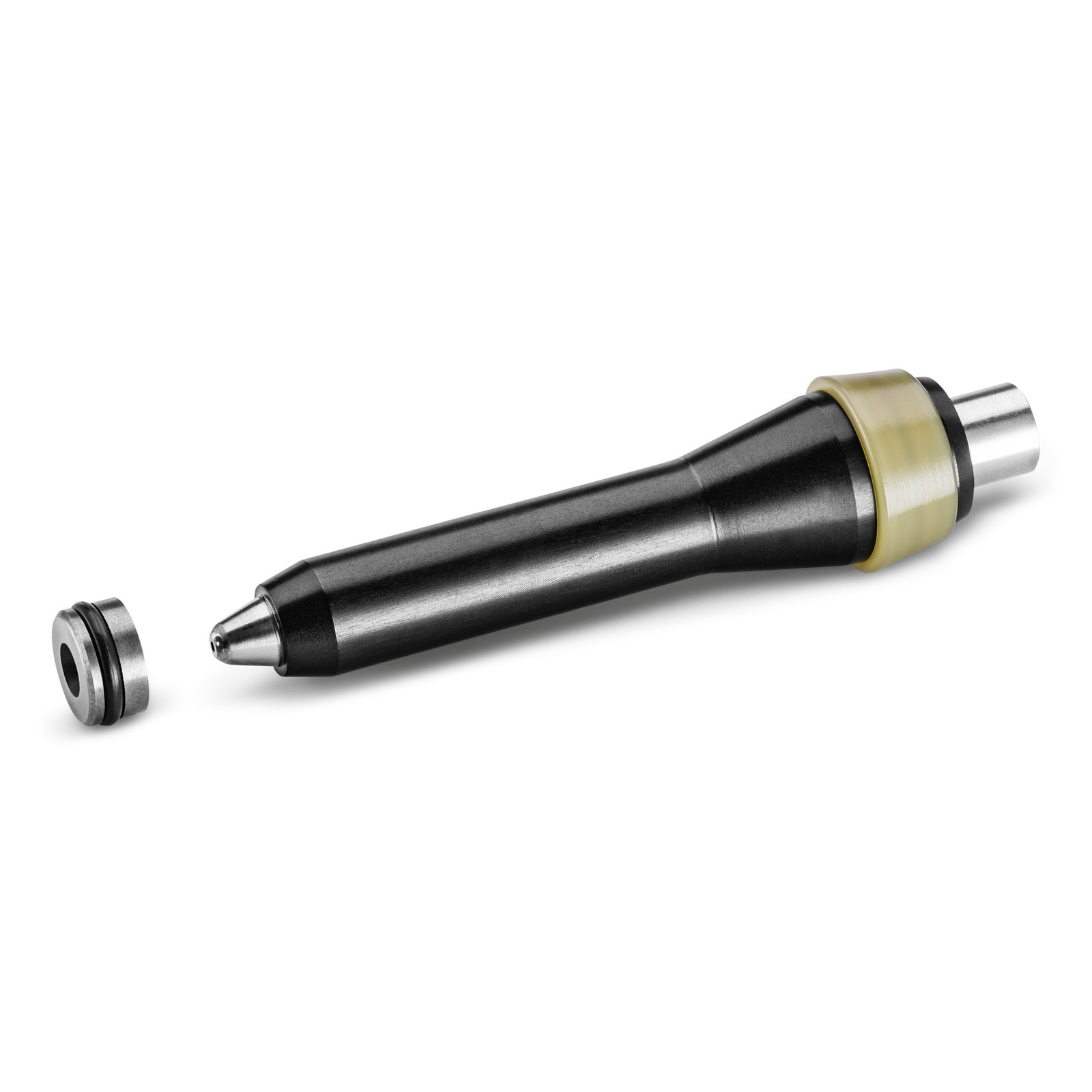 Kärcher nozzle with a detachable tip, featuring a black body and metallic accents on a white background.