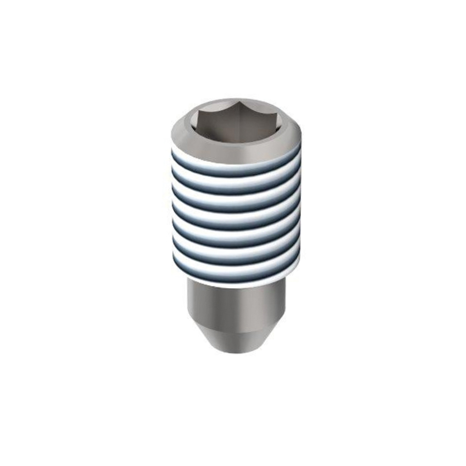 Silver threaded screw with a hexagonal socket head, isolated on a white background.
