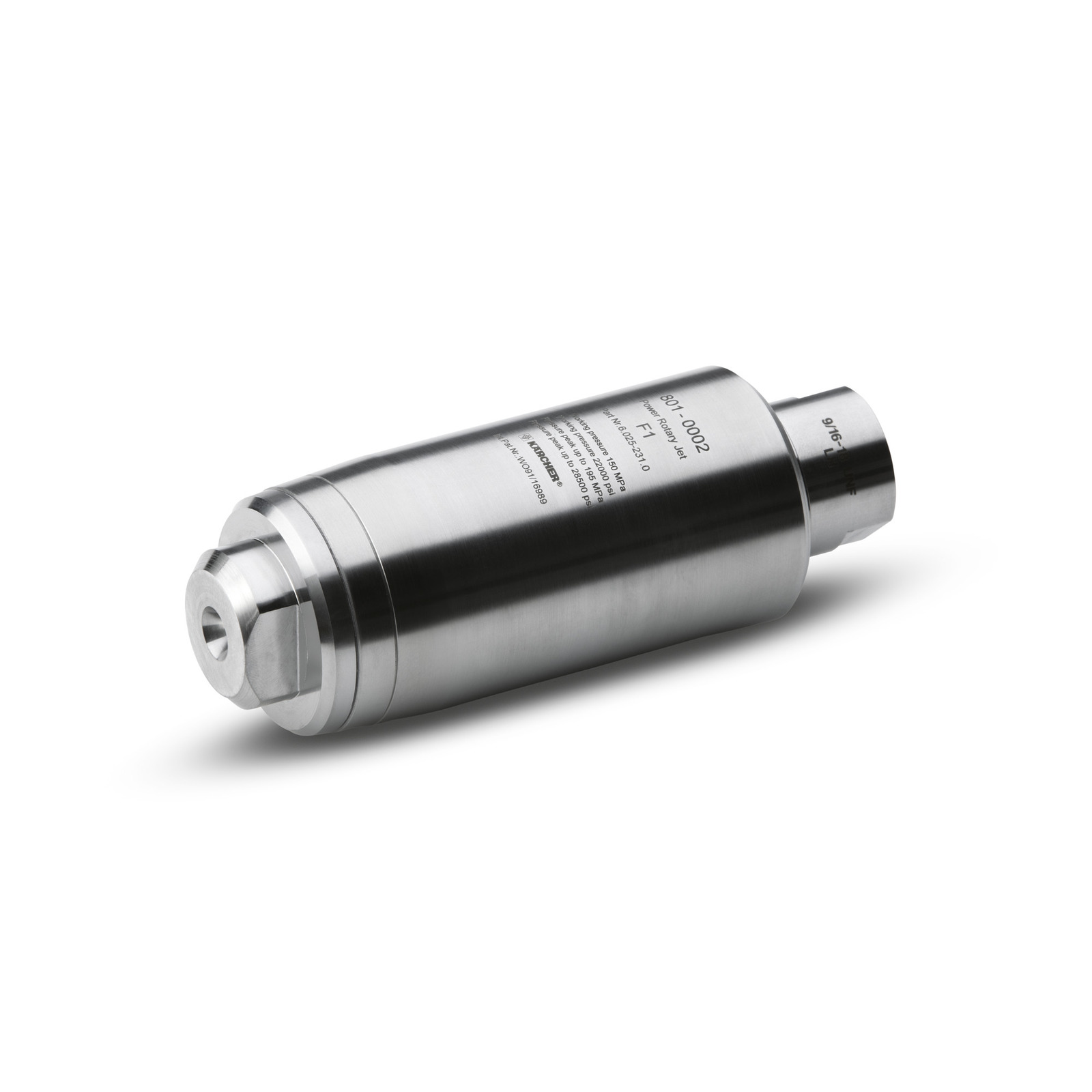 Stainless steel Kärcher high-pressure nozzle with engraved specifications, lying on a white surface.