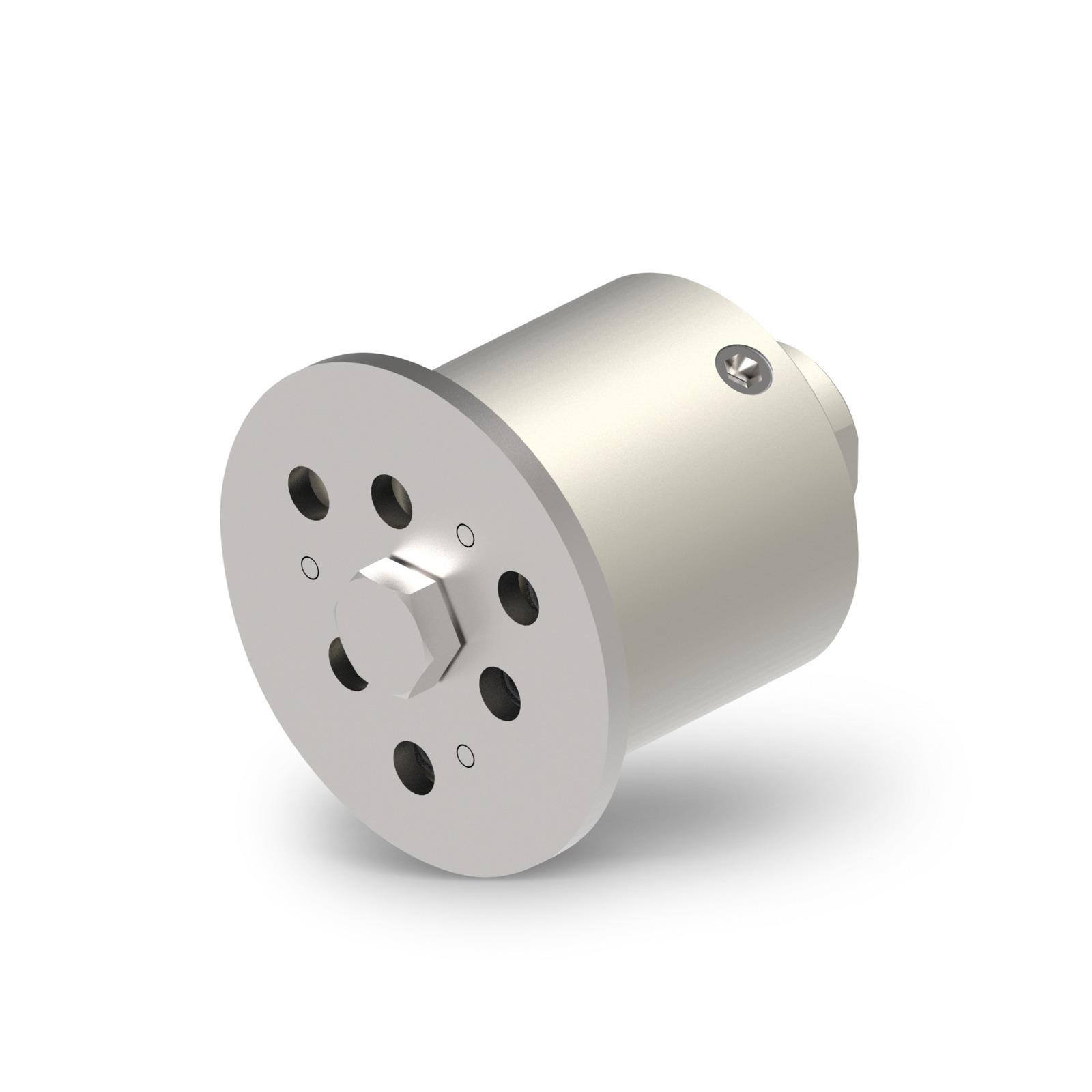 Silver cylindrical component with multiple holes and a central hexagonal bolt, viewed from an angle on a white background.