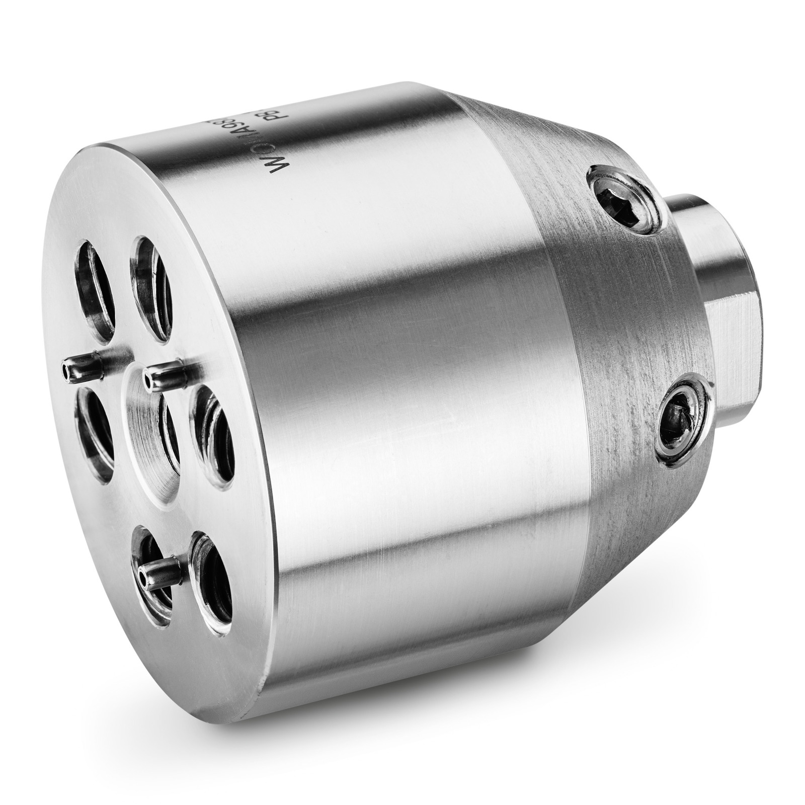 Metal nozzle head with multiple circular openings and screws, angled view on a white background.