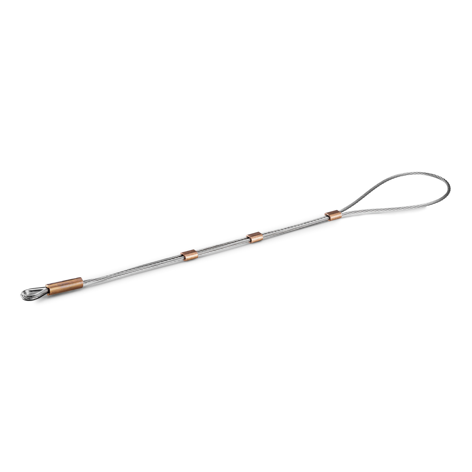 Steel cable with copper connectors, featuring a loop at one end, set against a white background.