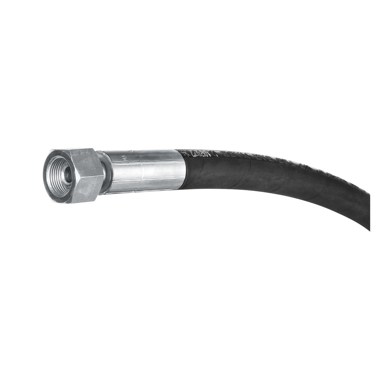 Black hydraulic hose with metal connector on white background.