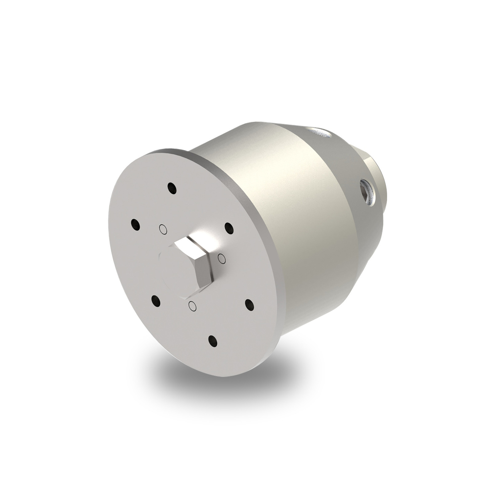 Silver cylindrical nozzle with multiple small holes and a central hexagonal bolt, isolated on a white background.