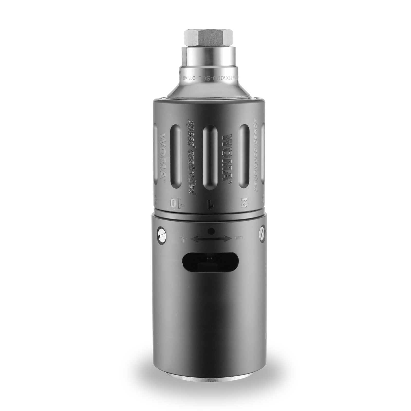 Grey cylindrical WOMA speed control device with engraved markings and hexagonal top, set against a white background. Grey cylindrical WOMA speed control device with engraved markings and hexagonal top, set against a white background.