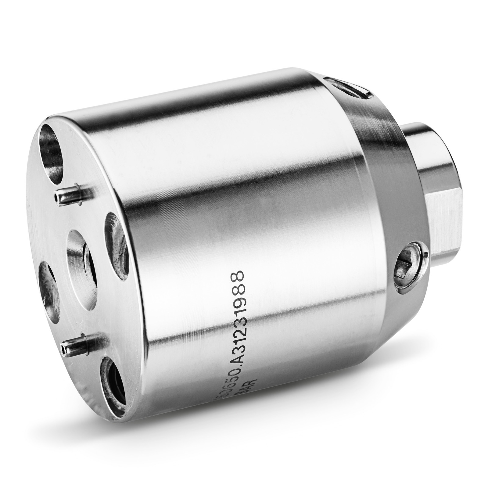 Silver cylindrical metal component with multiple holes and engraved serial number.