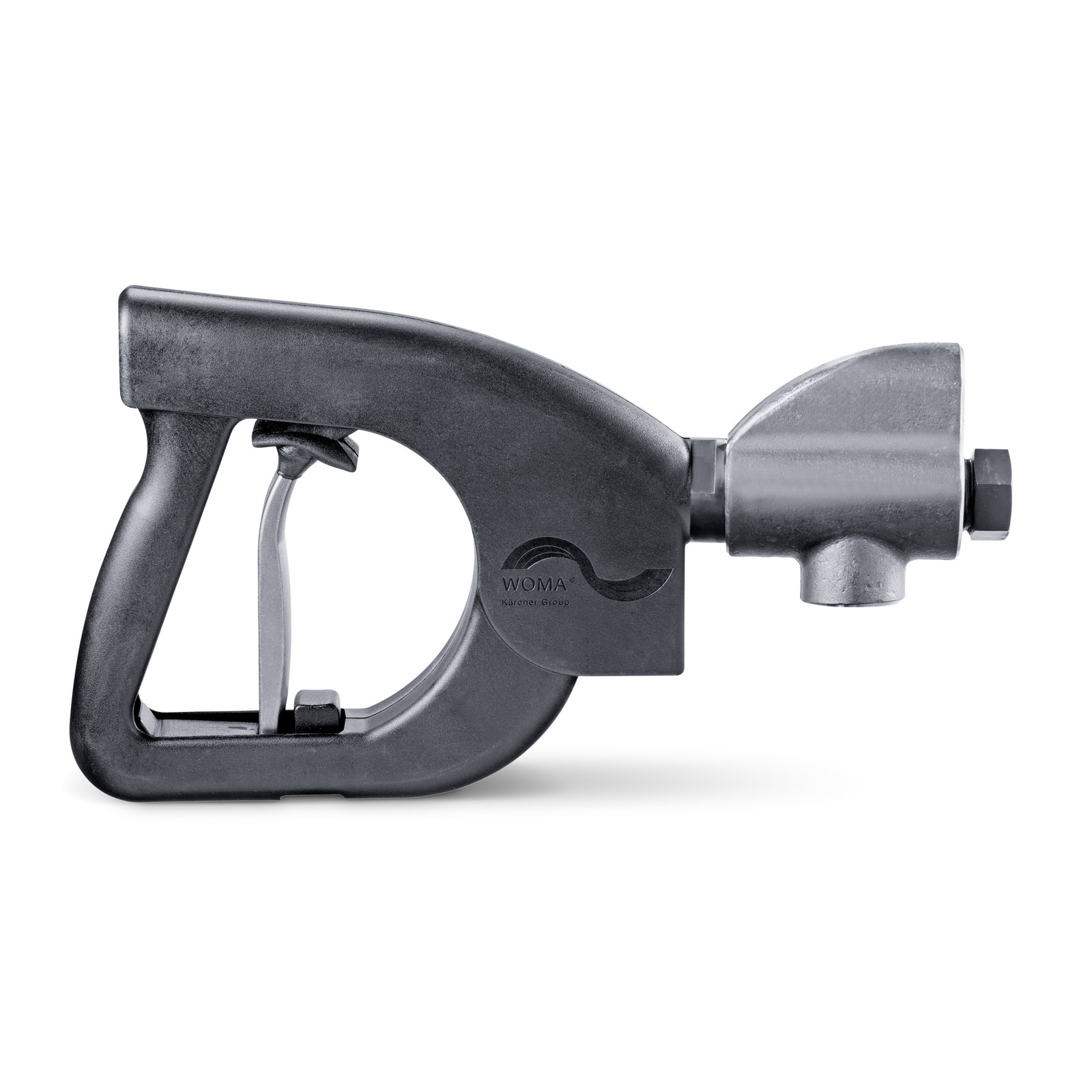 Black WOMA high-pressure cleaner handle with trigger, featuring a metallic nozzle attachment on a white background. Black WOMA high-pressure cleaner handle with trigger, featuring a metallic nozzle attachment on a white background.