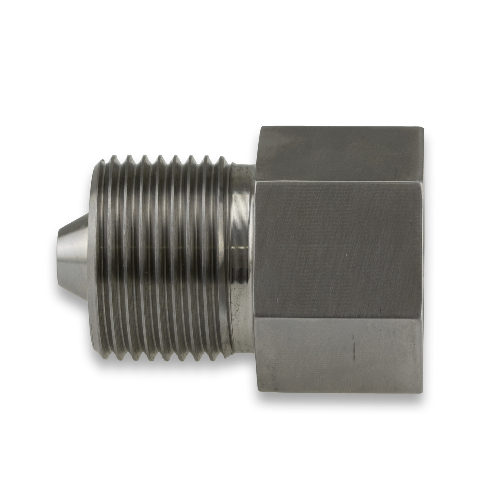 Metal nozzle with threaded end and hexagonal base, shown against a white background. Metal nozzle with threaded end and hexagonal base, shown against a white background.