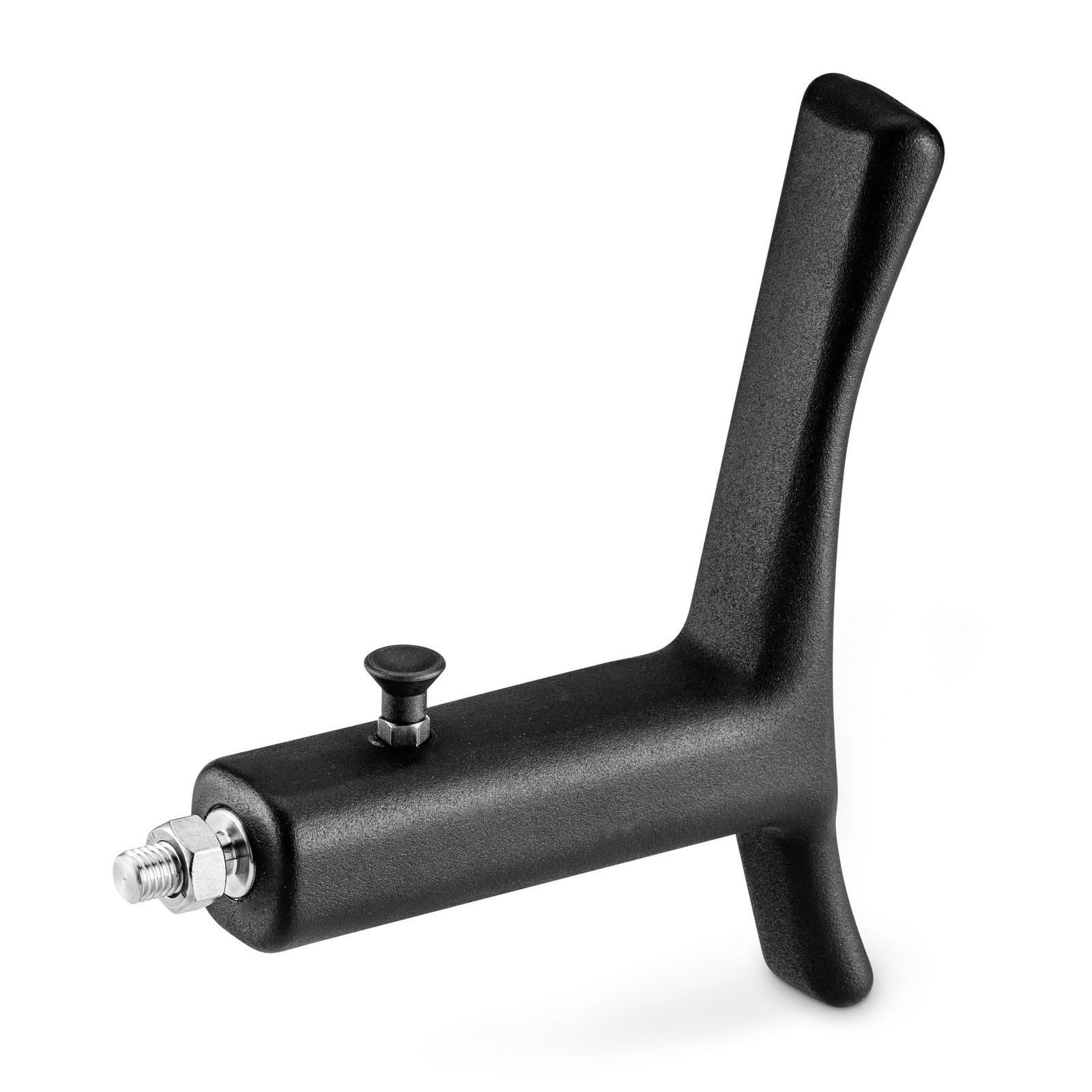 Black plastic handle with a metal screw and button, designed for attachment, isolated on a white background. Black plastic handle with a metal screw and button, designed for attachment, isolated on a white background.