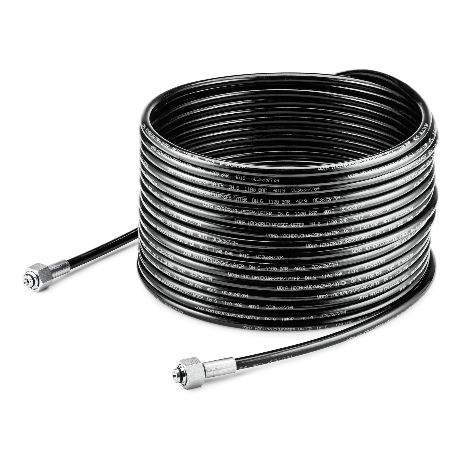 Coiled Kärcher high-pressure hose with metal connectors on both ends, resting on a white surface. Coiled Kärcher high-pressure hose with metal connectors on both ends, resting on a white surface.