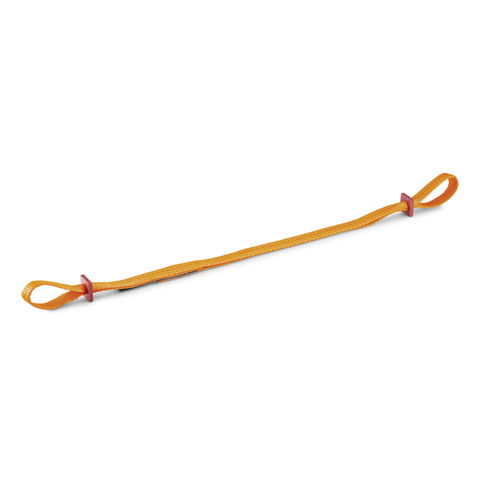 Orange strap with loops at both ends and red plastic buckles, laid flat on a white background. Orange strap with loops at both ends and red plastic buckles, laid flat on a white background.