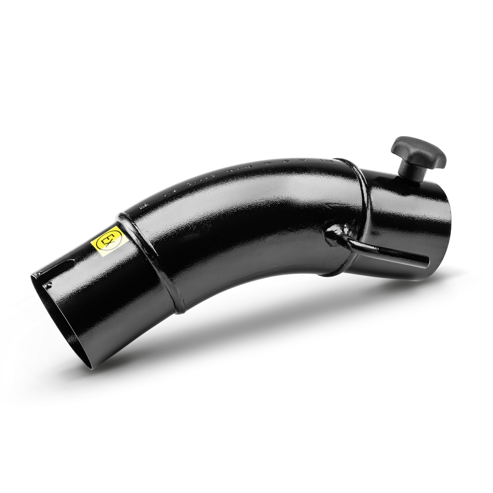 Black curved pipe attachment with a knob, featuring a yellow Kärcher logo on a white background. Black curved pipe attachment with a knob, featuring a yellow Kärcher logo on a white background.