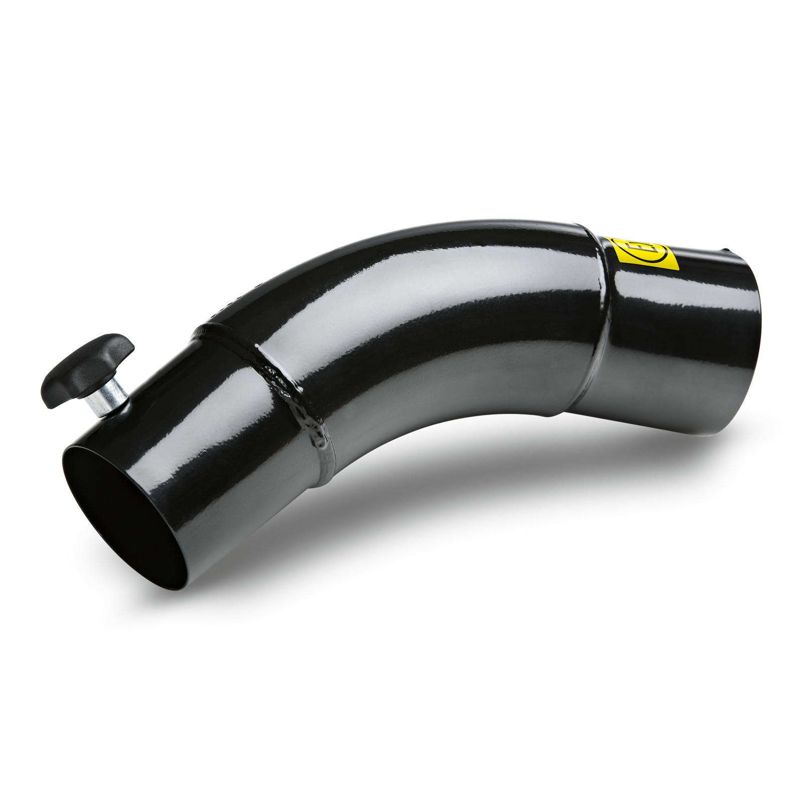 Black curved metal pipe with a knob on one end and a yellow label on the other, isolated on a white background. Black curved metal pipe with a knob on one end and a yellow label on the other, isolated on a white background.