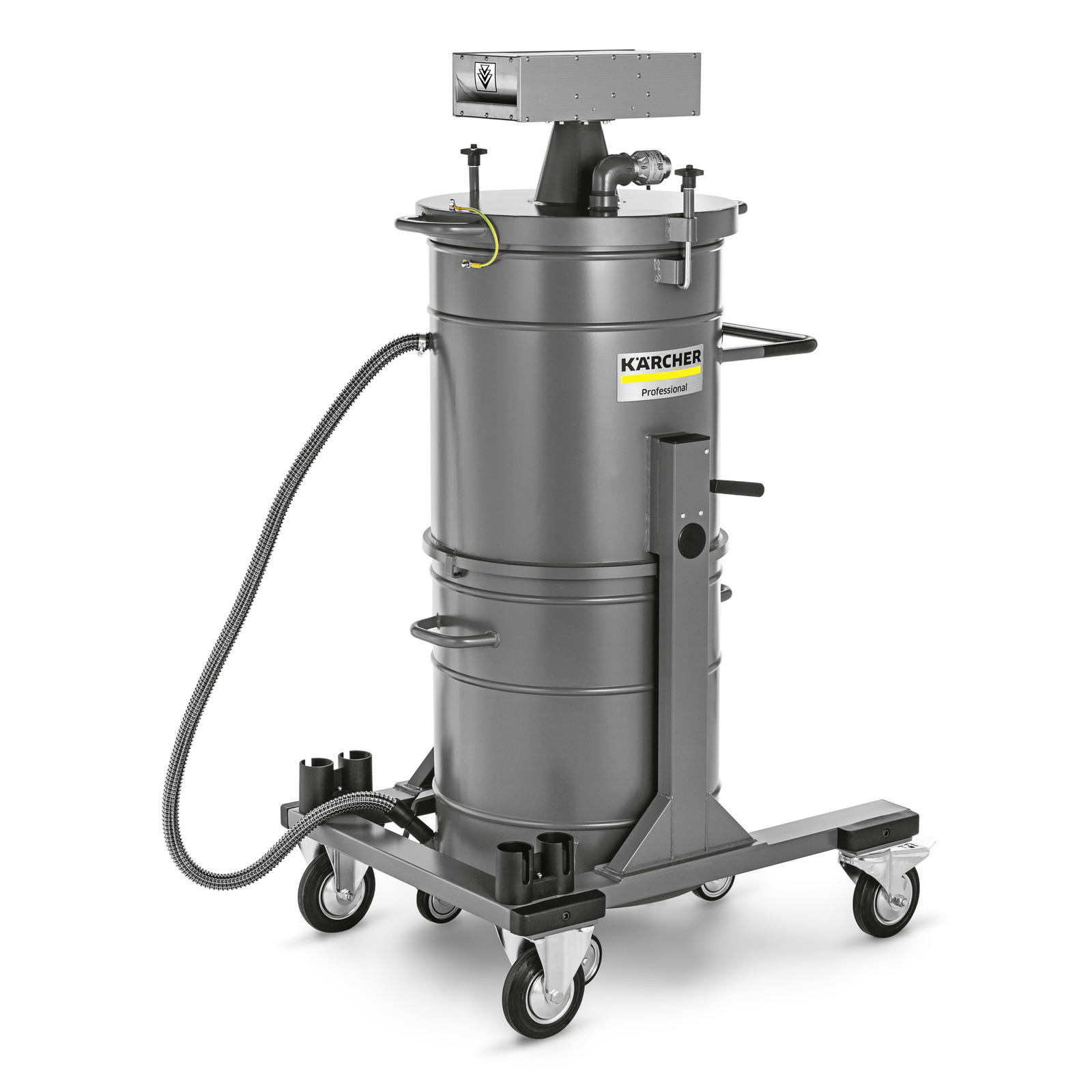 Kärcher industrial vacuum cleaner with a cylindrical body, mounted on wheels, featuring a hose and control panel. Kärcher industrial vacuum cleaner with a cylindrical body, mounted on wheels, featuring a hose and control panel.