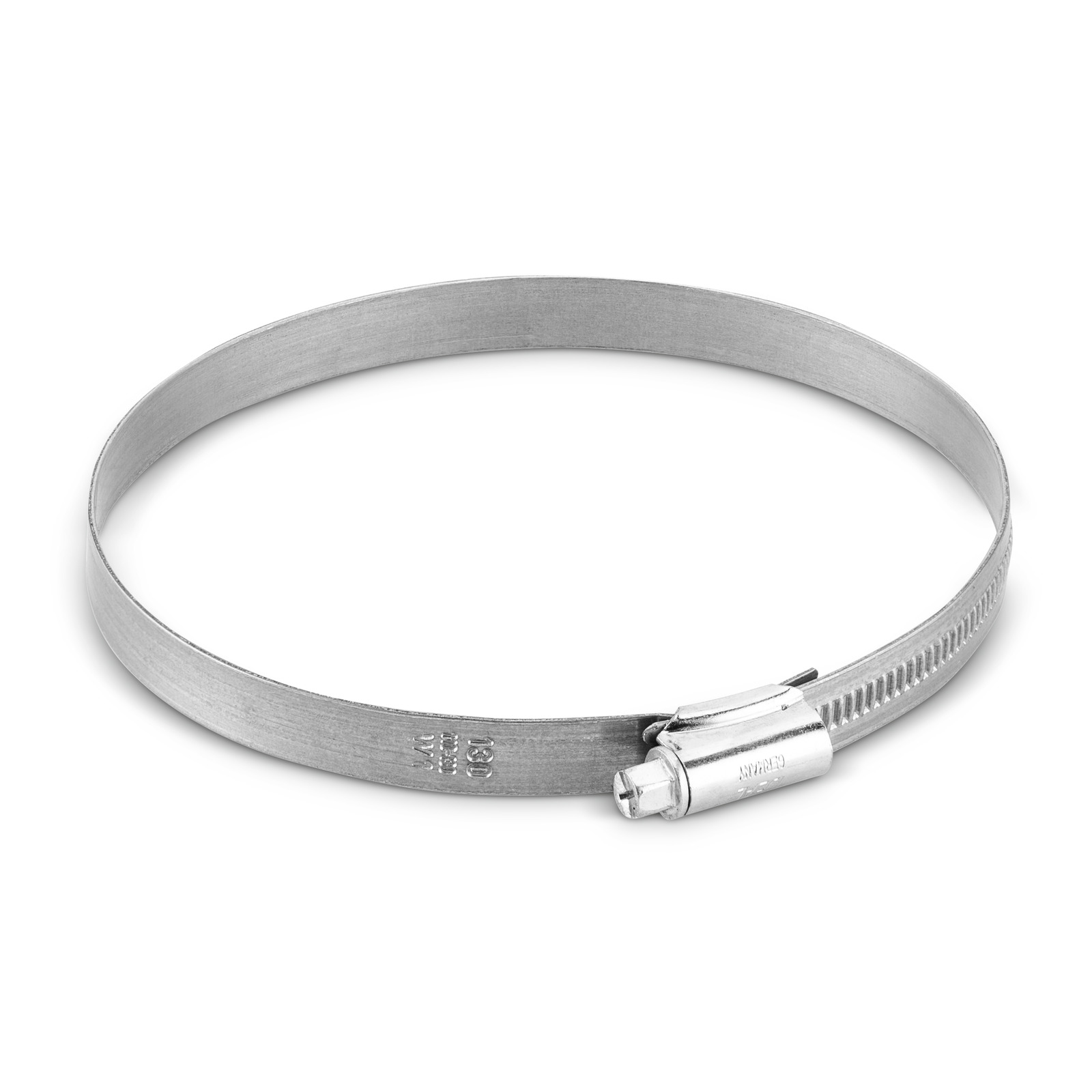 Silver metal hose clamp with a screw mechanism, displayed on a white background. Silver metal hose clamp with a screw mechanism, displayed on a white background.