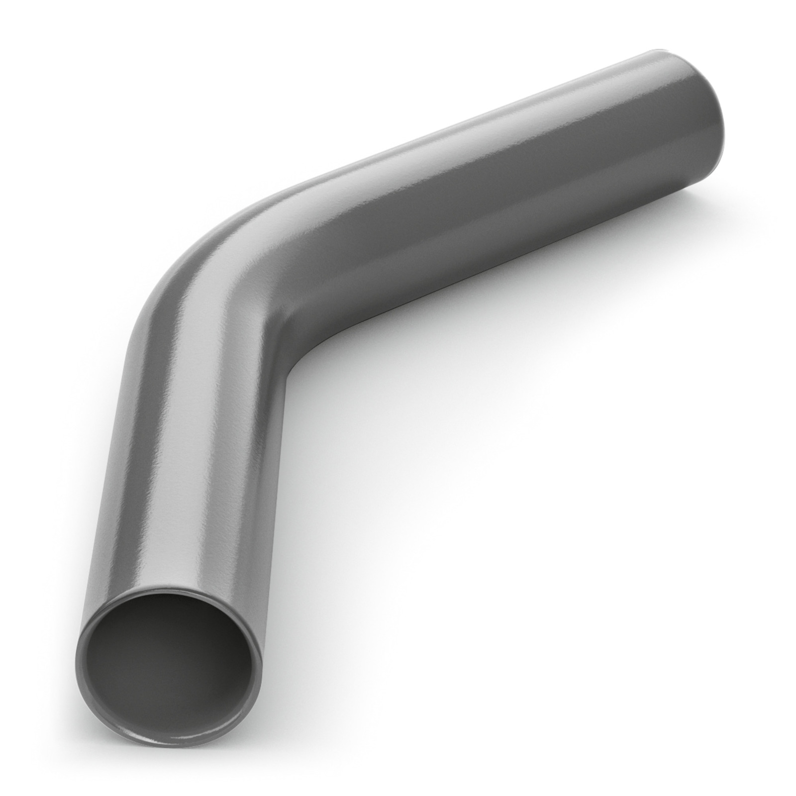 Grey, curved metal pipe with a smooth surface, shown against a white background.