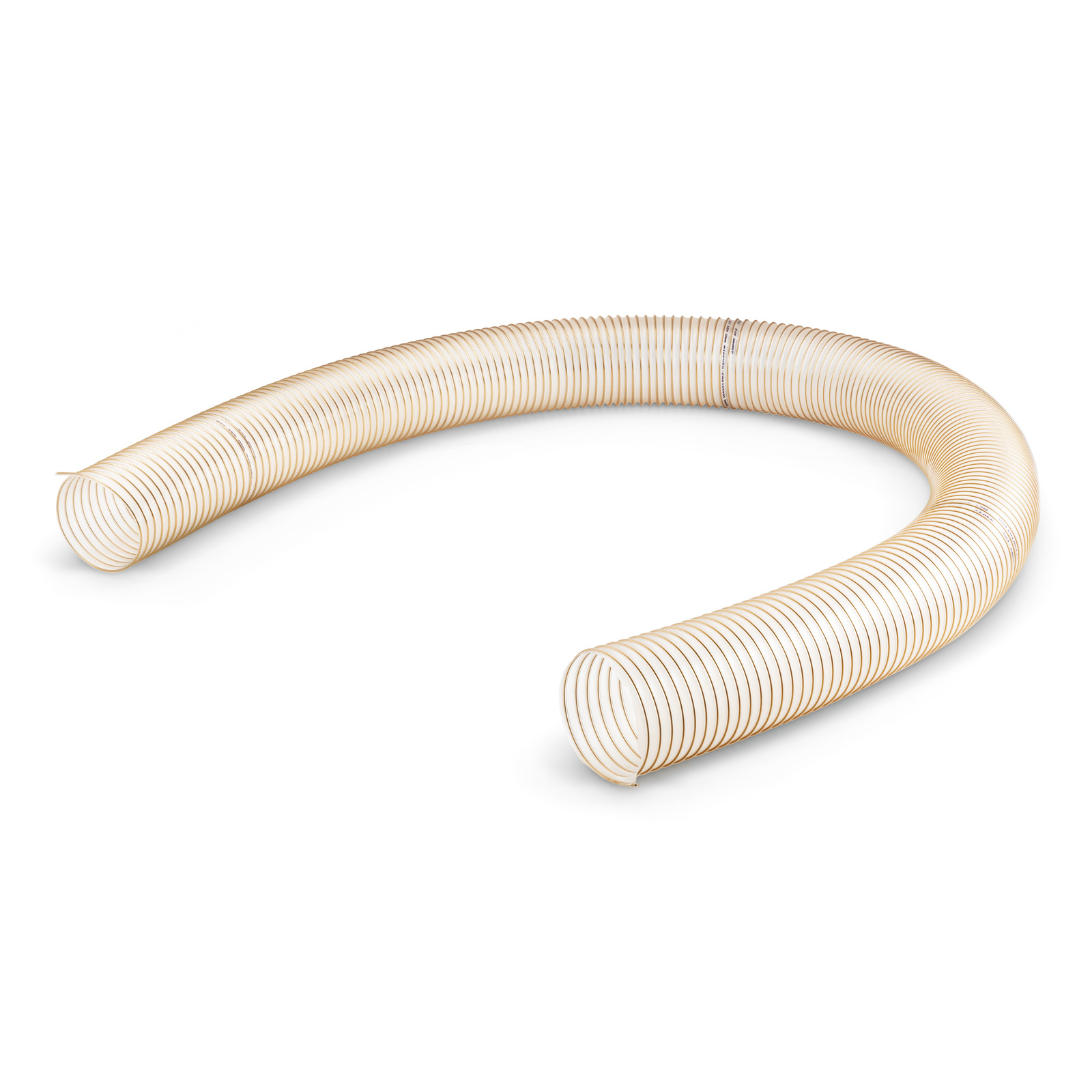Flexible transparent hose with orange spiral reinforcement, curved into a U-shape, on a white background. Flexible transparent hose with orange spiral reinforcement, curved into a U-shape, on a white background.