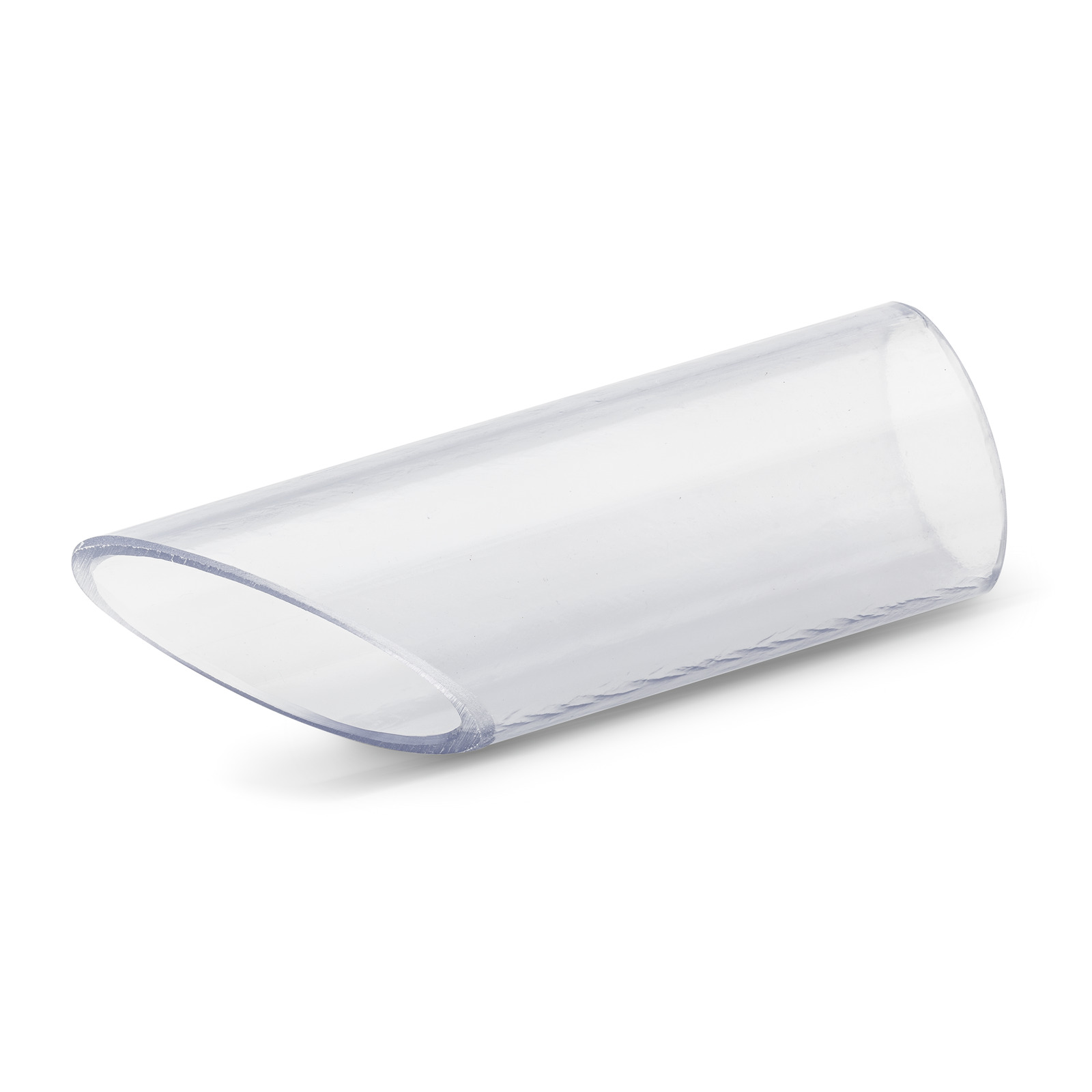 Transparent plastic tube with a slanted cut on one end, resting on a white surface. Transparent plastic tube with a slanted cut on one end, resting on a white surface.