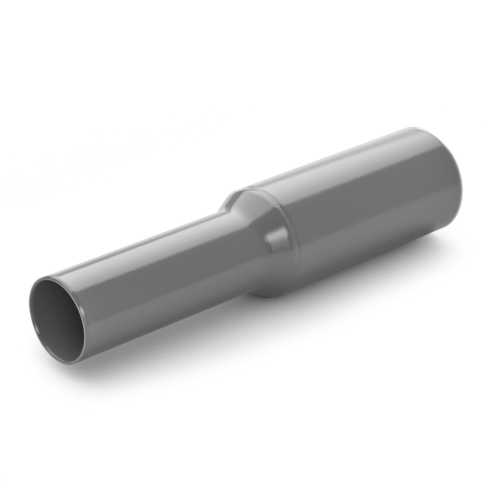 Grey cylindrical pipe connector with a slightly tapered middle section, shown on a white background. Grey cylindrical pipe connector with a slightly tapered middle section, shown on a white background.