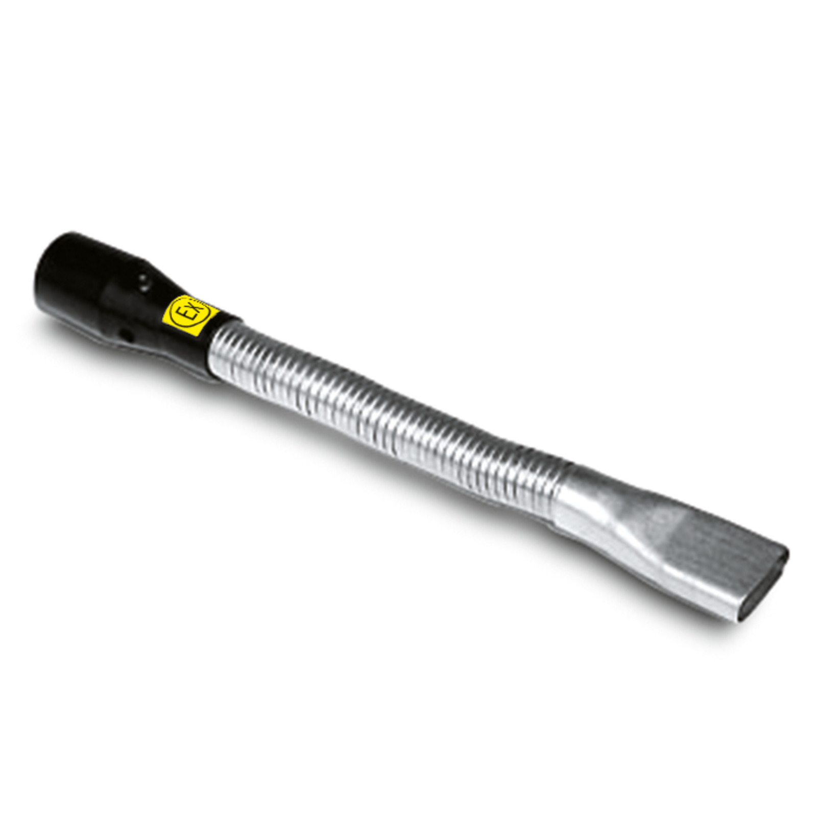 Silver flexible nozzle with black connector, featuring a yellow EX label. Silver flexible nozzle with black connector, featuring a yellow EX label.