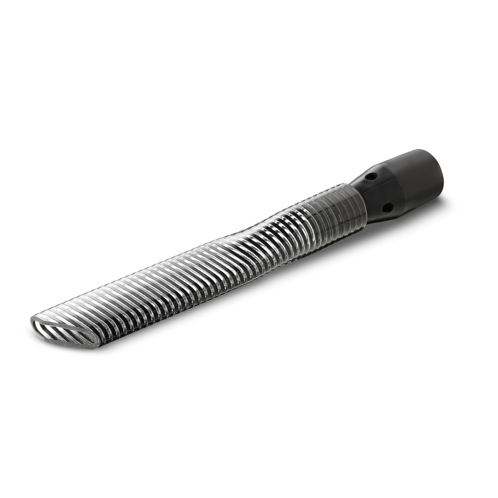 Silver corrugated hose with a black connector on one end, lying on a white surface.