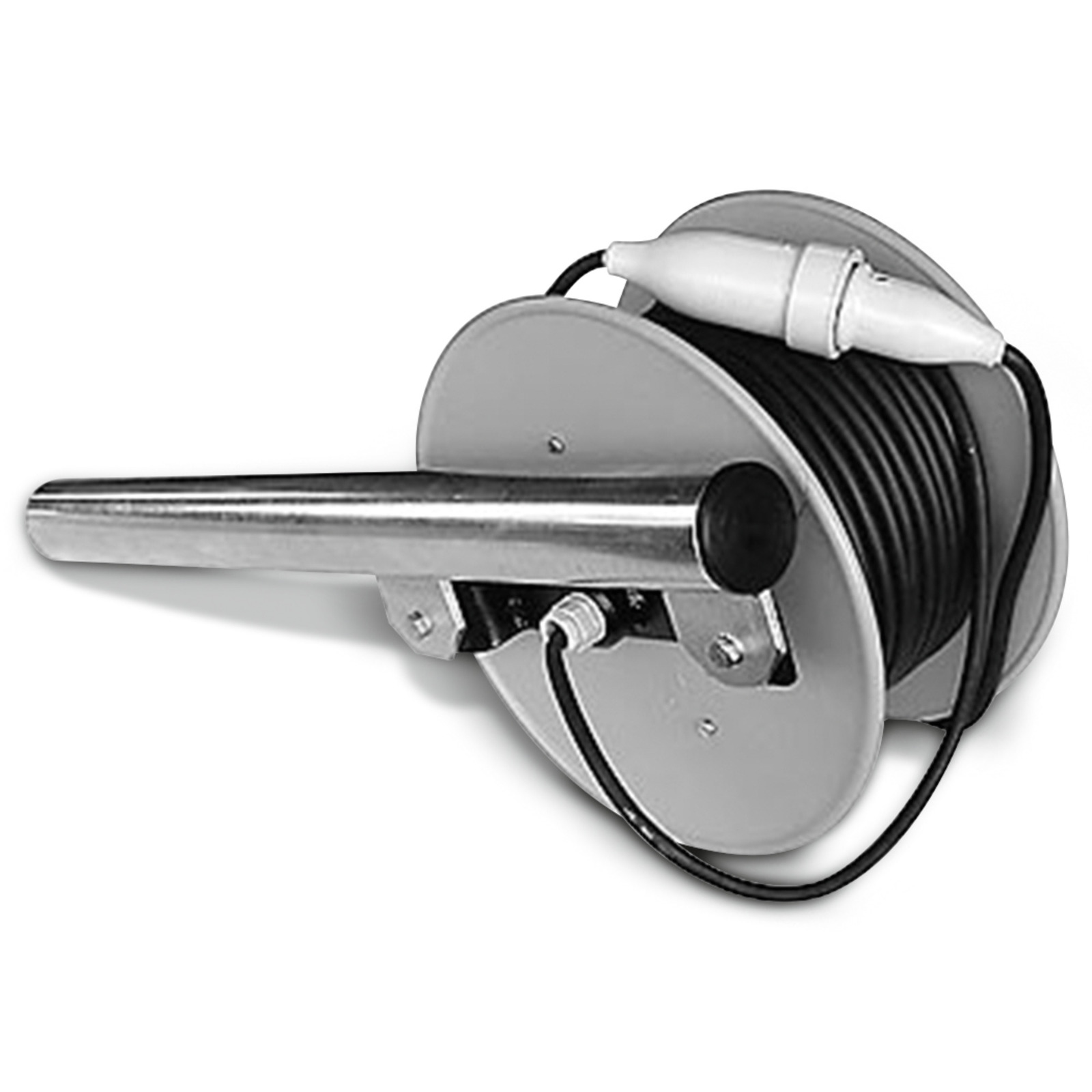 Metal hose reel with a long nozzle and coiled black hose, featuring a white connector at the end. Metal hose reel with a long nozzle and coiled black hose, featuring a white connector at the end.