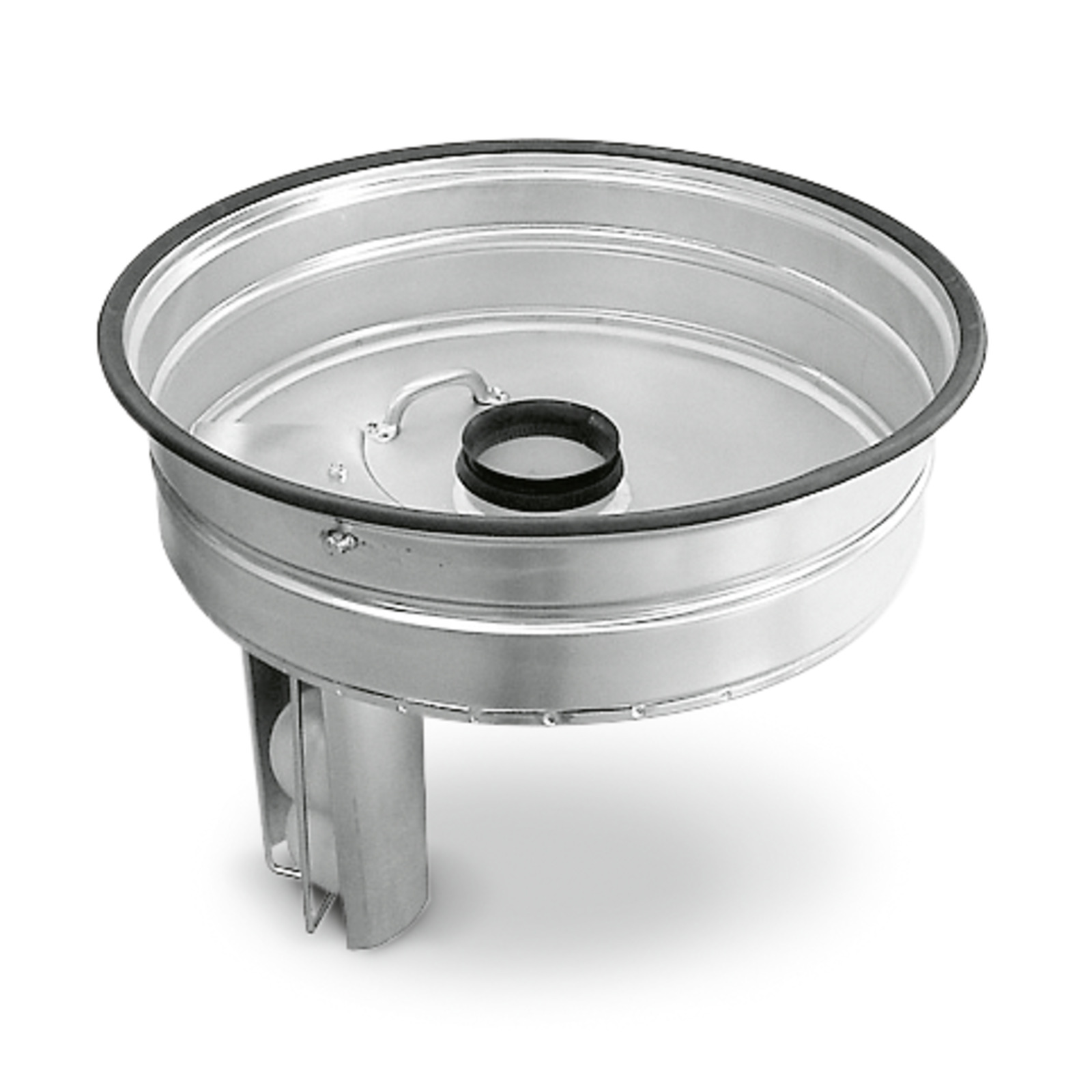 Silver metal drum with a central black rubber opening and a protruding metal bracket underneath. Silver metal drum with a central black rubber opening and a protruding metal bracket underneath.