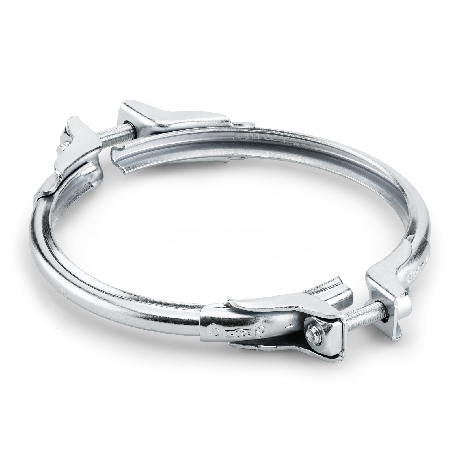 Metal hose clamp with two adjustable screws, designed for securing hoses or pipes. Silver finish, displayed on a white background.