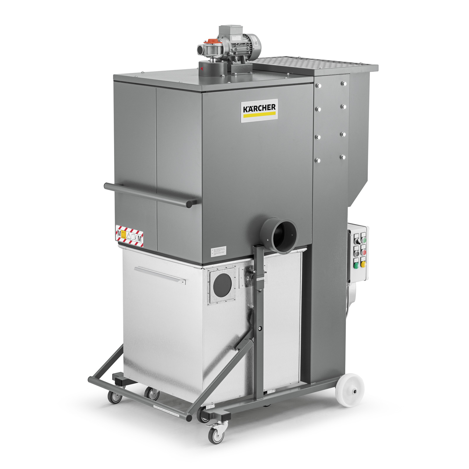 Kärcher industrial vacuum cleaner with a grey metal body, wheels, and control panel on the side.