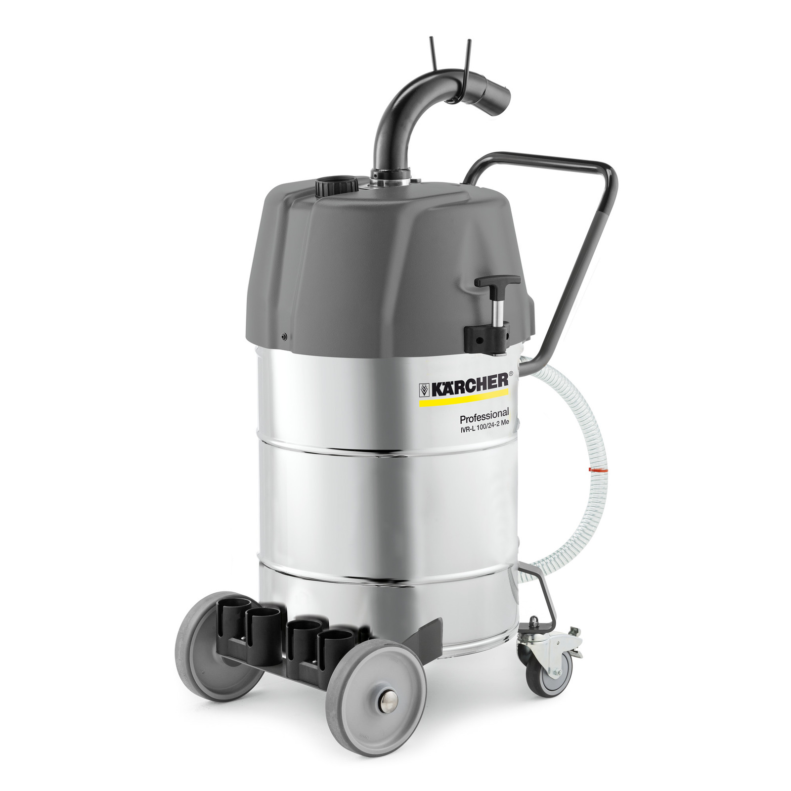 Kärcher Industriesauger IVR-L 100/24-2 Me, silberner Metallbehälter, grauer Deckel, zwei große Räder, Schlauchanschluss. Kärcher Industriesauger IVR-L 100/24-2 Me, silberner Metallbehälter, grauer Deckel, zwei große Räder, Schlauchanschluss.