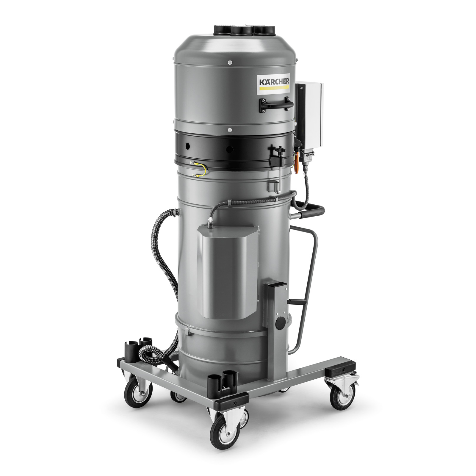 Kärcher industrial vacuum cleaner on wheels, grey cylindrical design with control panel and hoses. Kärcher industrial vacuum cleaner on wheels, grey cylindrical design with control panel and hoses.