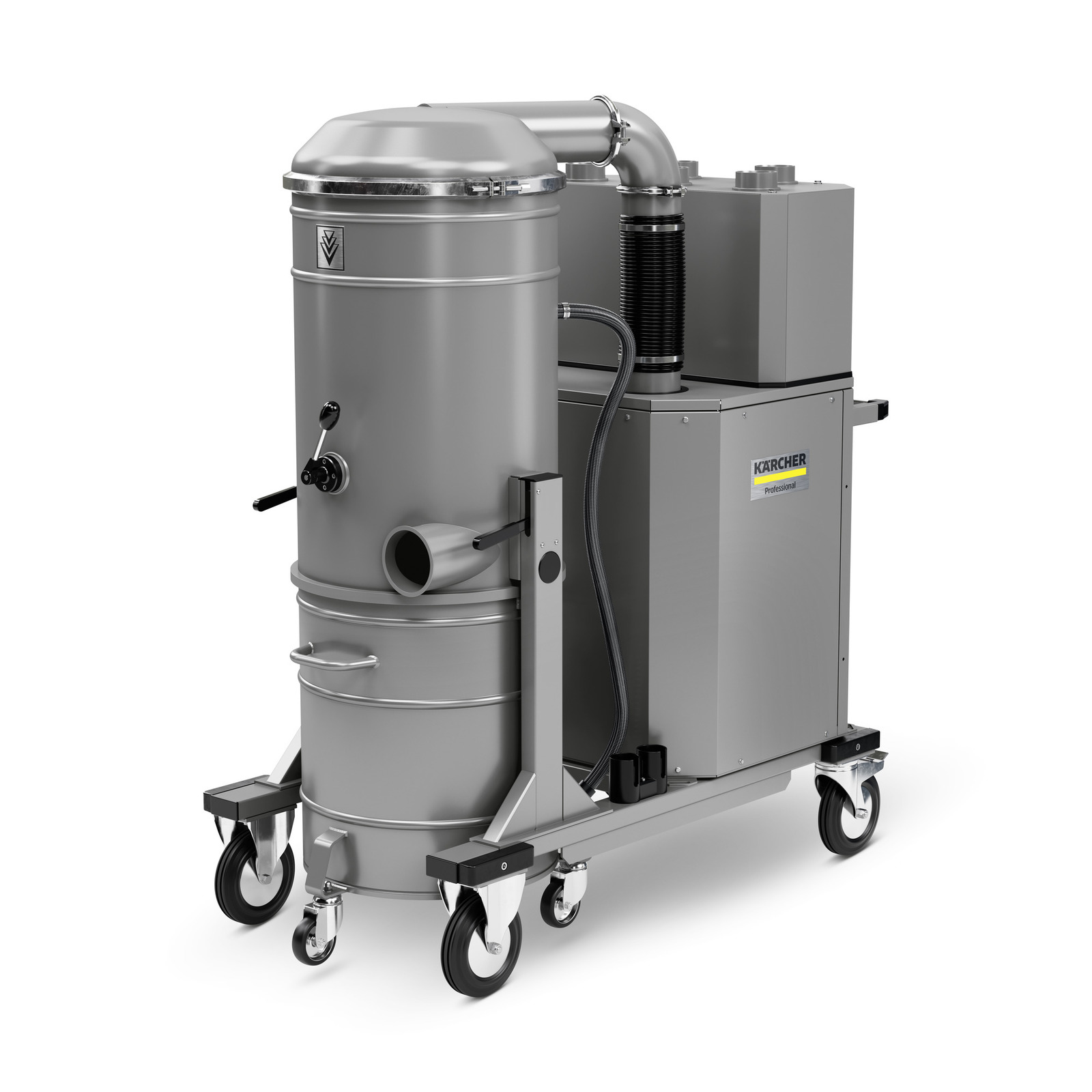 Kärcher industrial vacuum cleaner with a cylindrical body, mounted on wheels, featuring a hose and control panel. Kärcher industrial vacuum cleaner with a cylindrical body, mounted on wheels, featuring a hose and control panel.