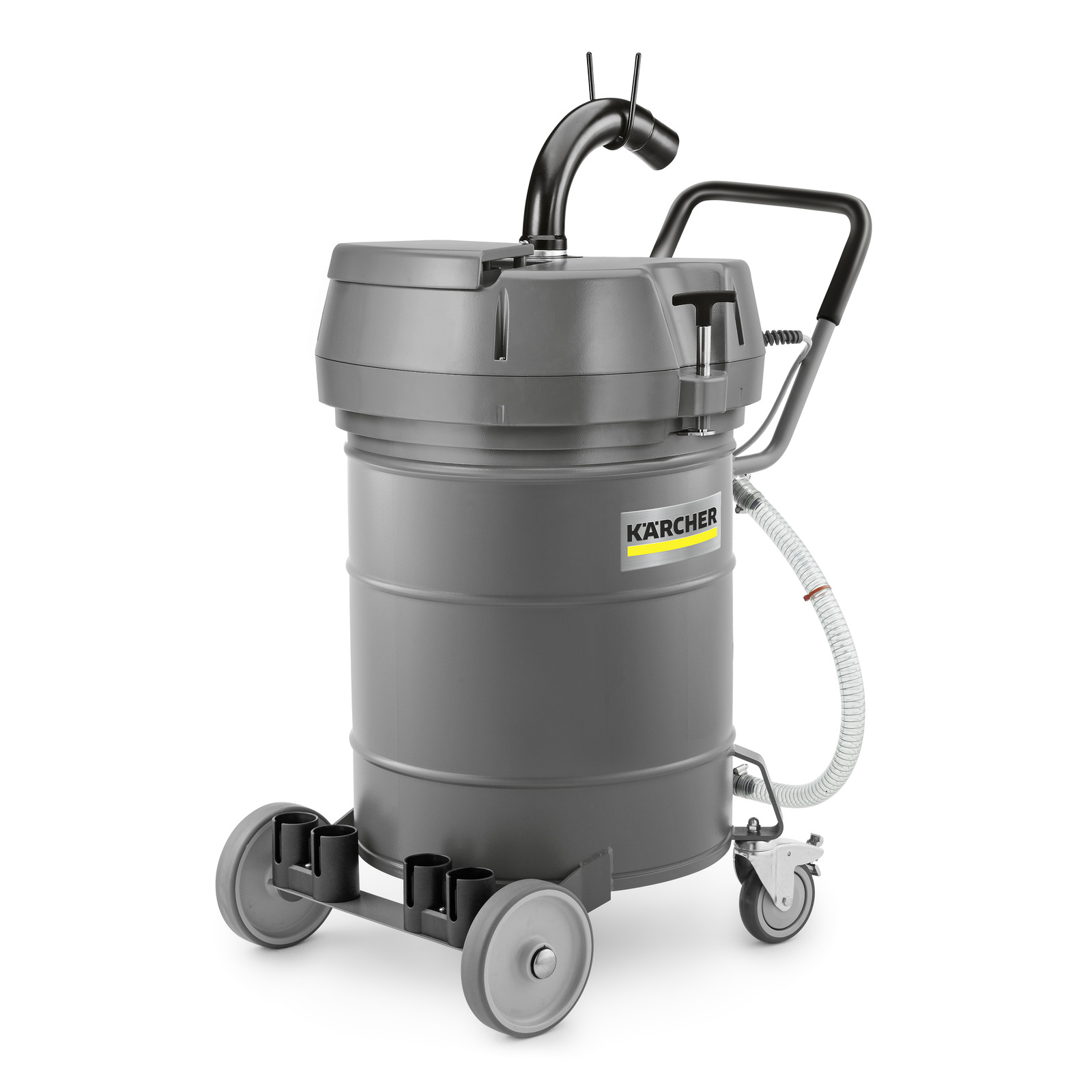 Kärcher industrial vacuum cleaner with grey cylindrical body, black handle, and wheels for mobility.