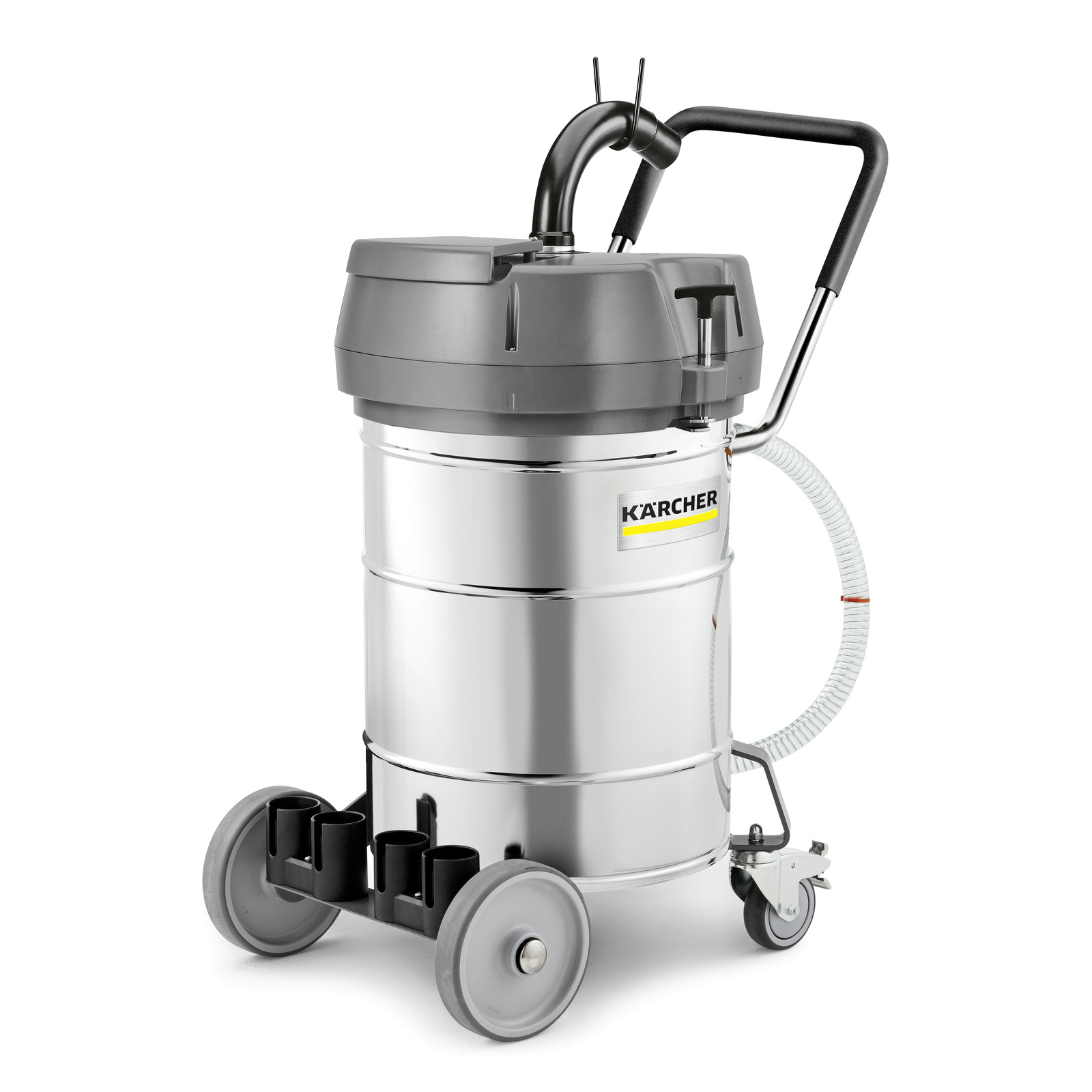 Kärcher industrial vacuum cleaner with a stainless steel body, large wheels, and a black handle. Kärcher industrial vacuum cleaner with a stainless steel body, large wheels, and a black handle.