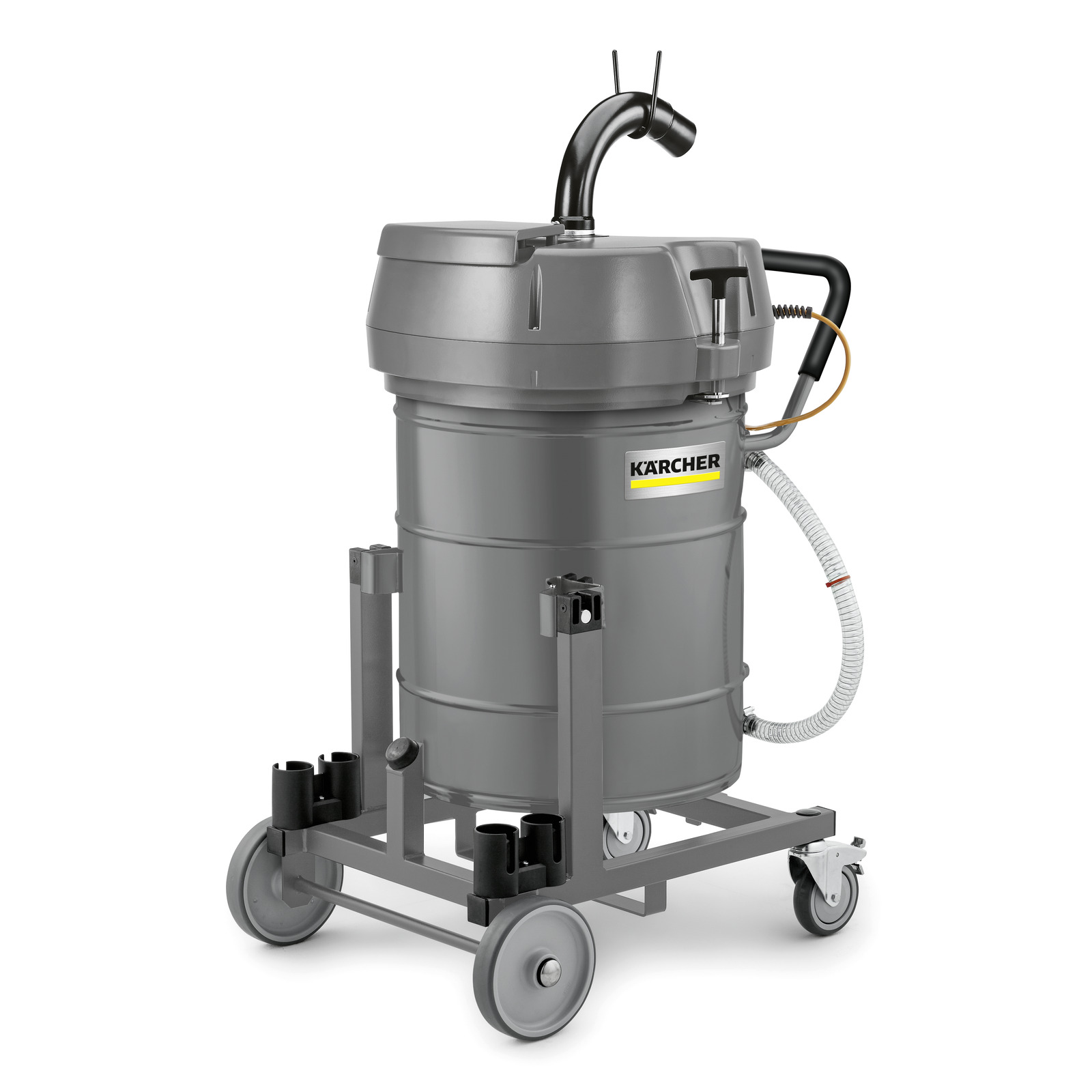 Kärcher industrial vacuum cleaner with grey cylindrical body on a wheeled frame, featuring a black hose attachment.