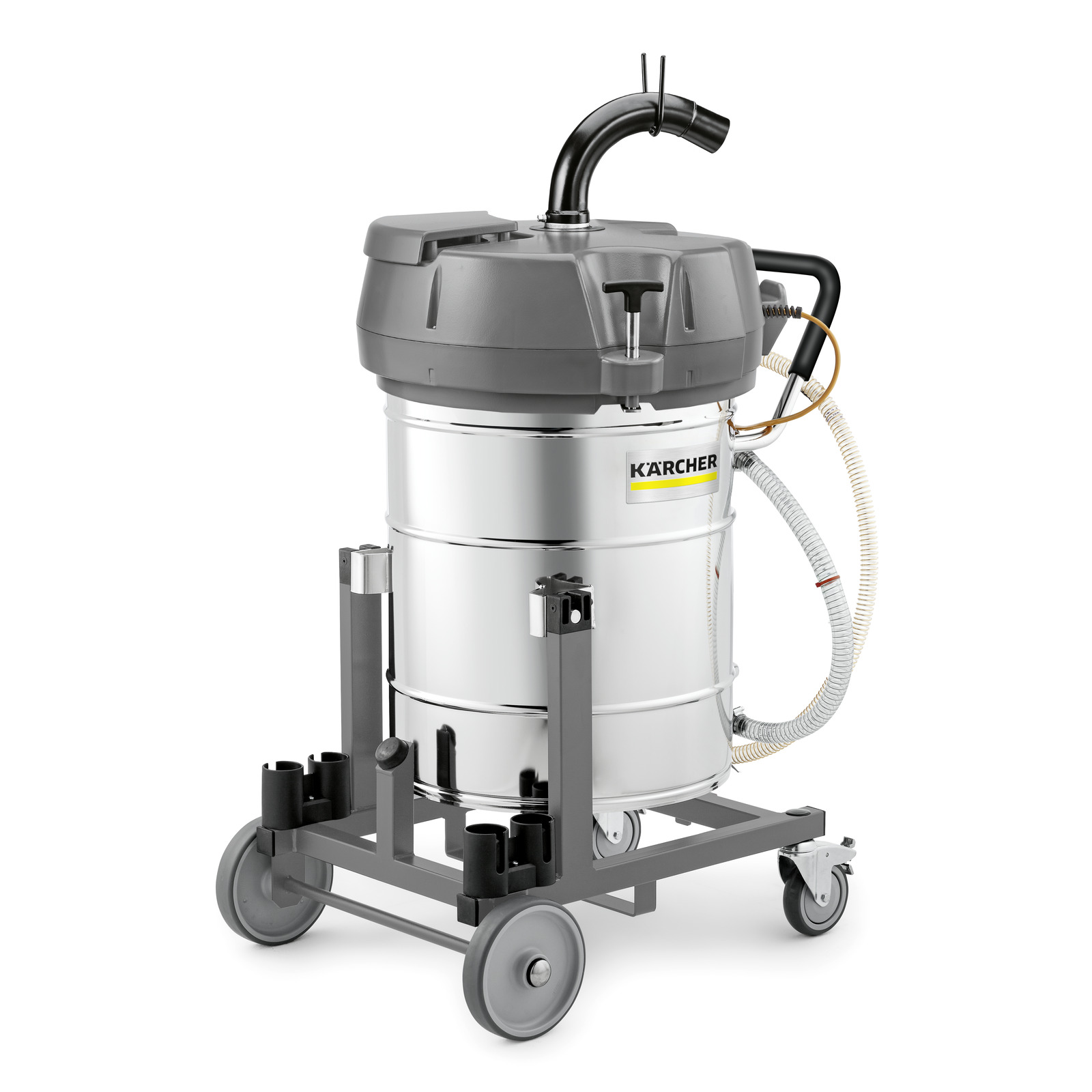 Kärcher industrial vacuum cleaner with a grey top, metal body, and wheels, featuring hoses and a handle. Kärcher industrial vacuum cleaner with a grey top, metal body, and wheels, featuring hoses and a handle.