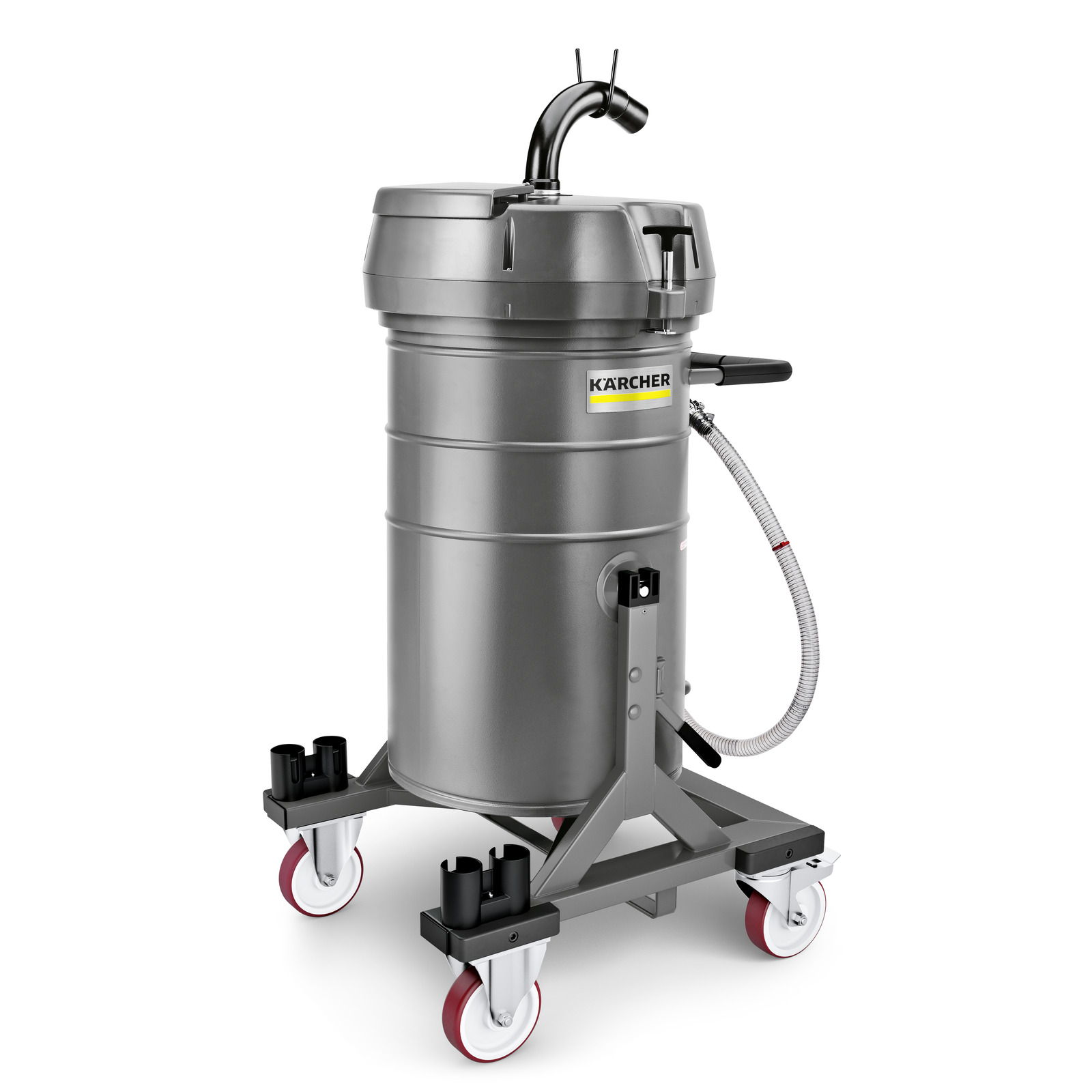 Kärcher industrial vacuum cleaner with a grey cylindrical body, hose attachment, and red caster wheels. Kärcher industrial vacuum cleaner with a grey cylindrical body, hose attachment, and red caster wheels.