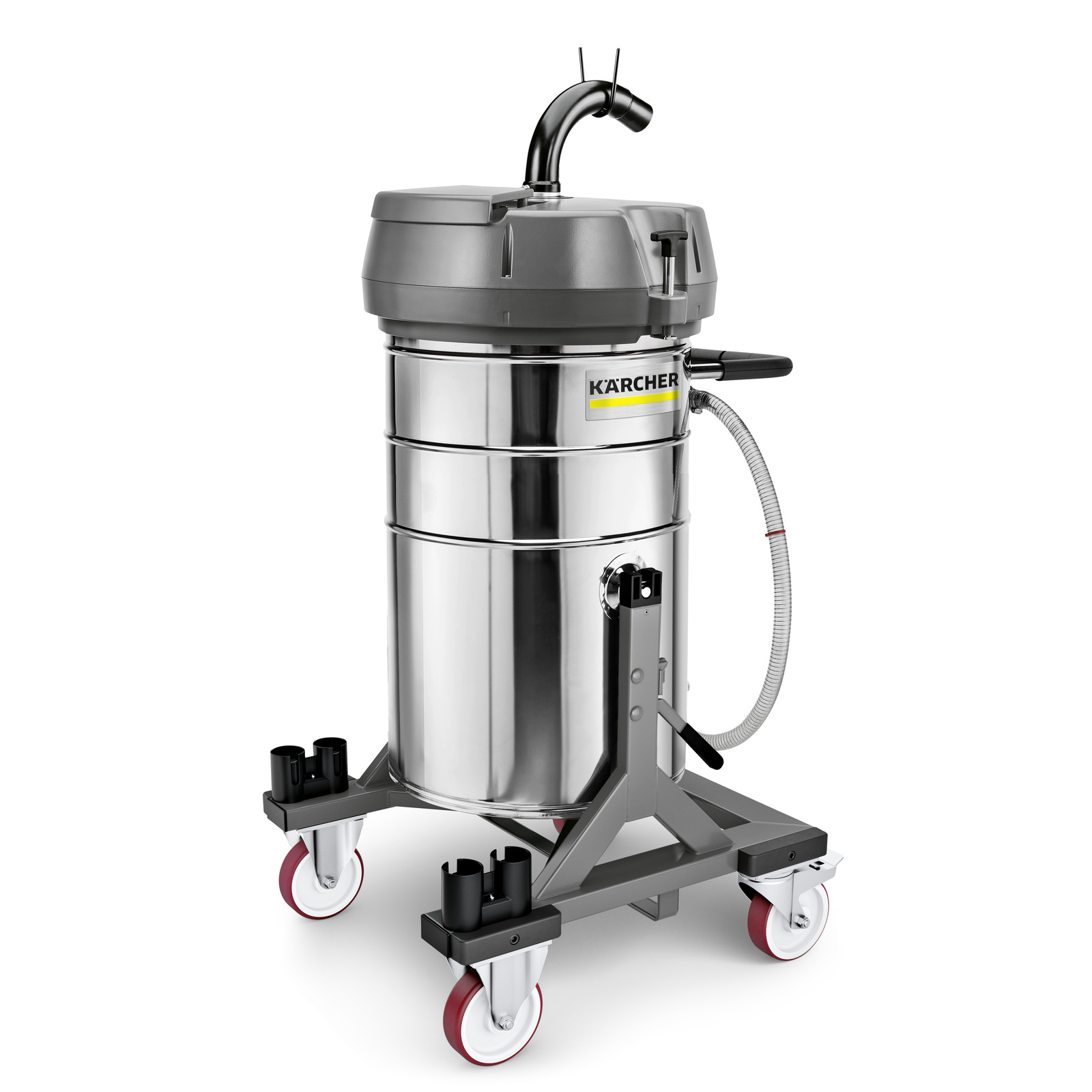 Kärcher industrial vacuum cleaner with stainless steel body, grey top, hose attachment, and red wheels on a sturdy base. Kärcher industrial vacuum cleaner with stainless steel body, grey top, hose attachment, and red wheels on a sturdy base.