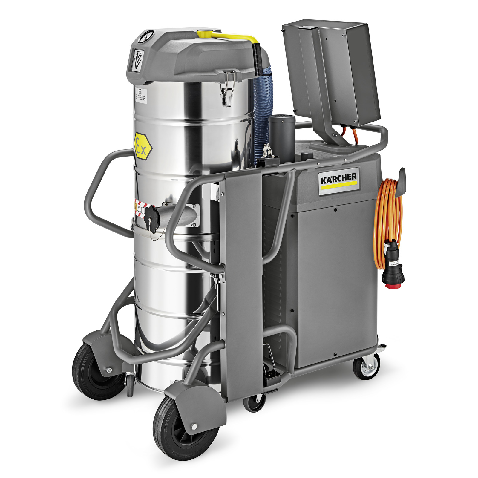 Kärcher industrial vacuum cleaner with stainless steel tank, grey casing, and orange hose on wheels.