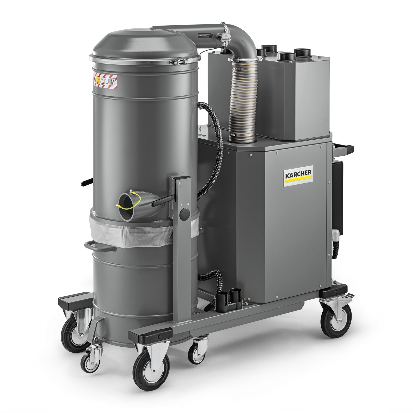 Kärcher industrial vacuum cleaner with a cylindrical body, mounted on wheels, featuring a hose and control panel.