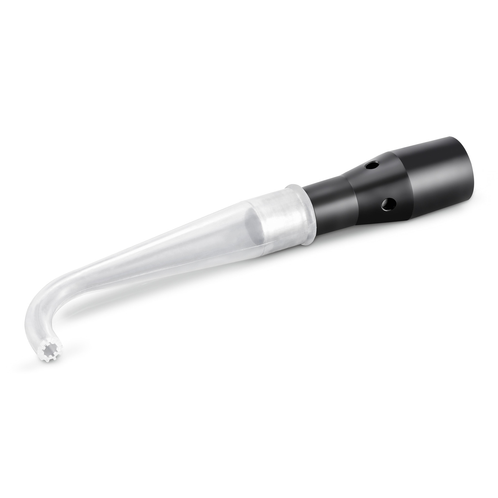Kärcher pipe cleaning nozzle with a transparent curved tip and black connector, designed for cleaning pipes.