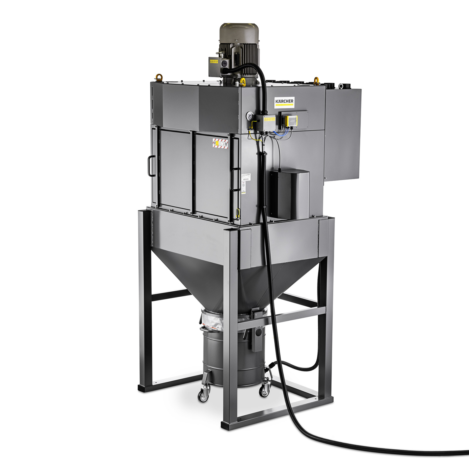 Kärcher industrial vacuum system with a large collection hopper, presented on a plain white background. Kärcher industrial vacuum system with a large collection hopper, presented on a plain white background.