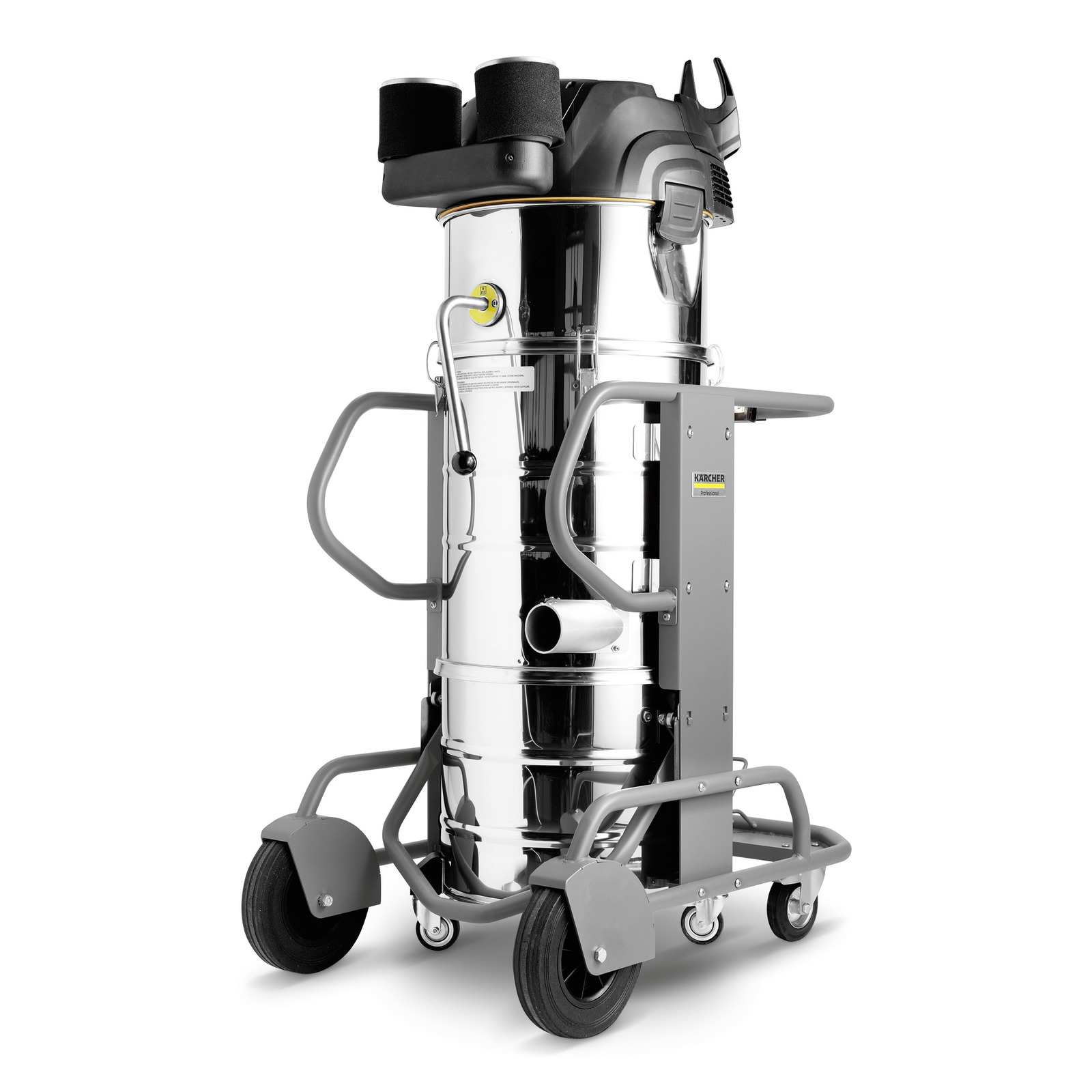 Kärcher industrial vacuum cleaner with a stainless steel body, mounted on a wheeled frame, featuring black filters and a grey handle.