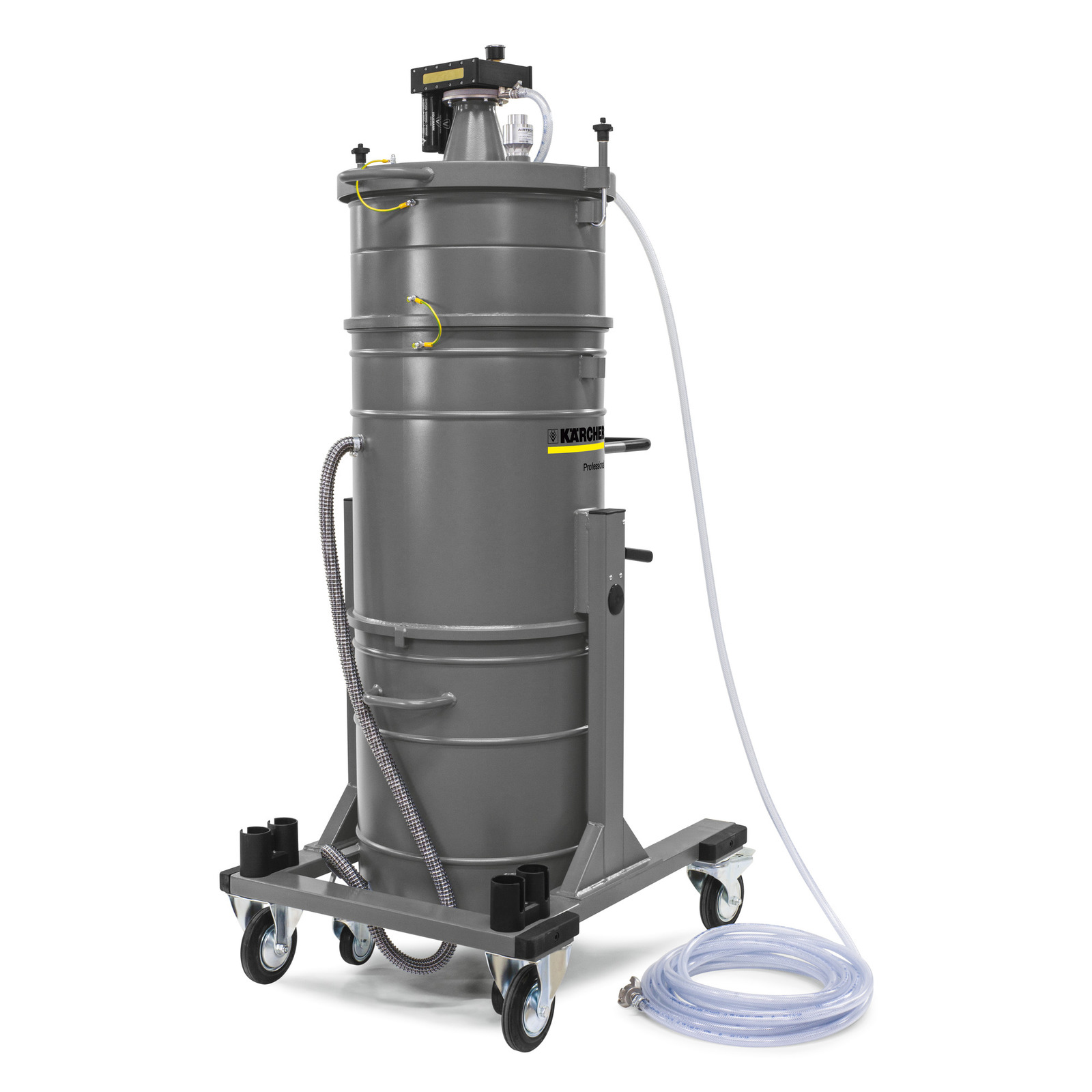 Kärcher industrial vacuum cleaner on wheels with hoses attached, grey cylindrical body, indoor setting.